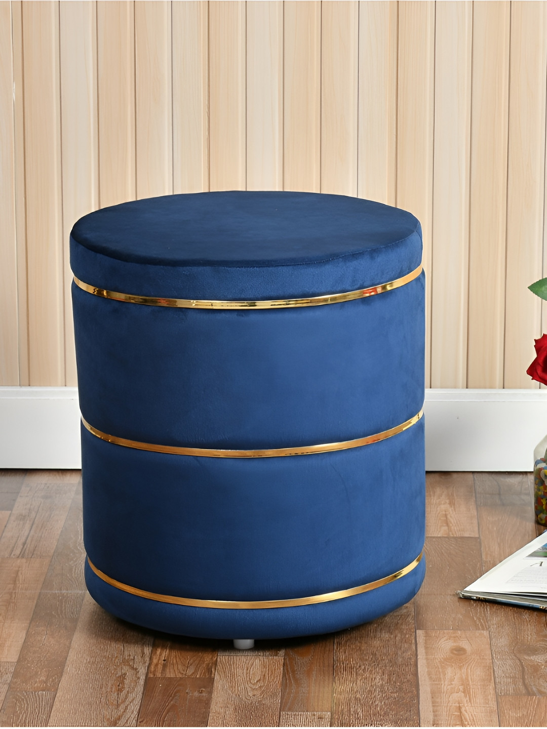 Shadowkart Blue Velvet & Wooden Cylindrical Ottoman