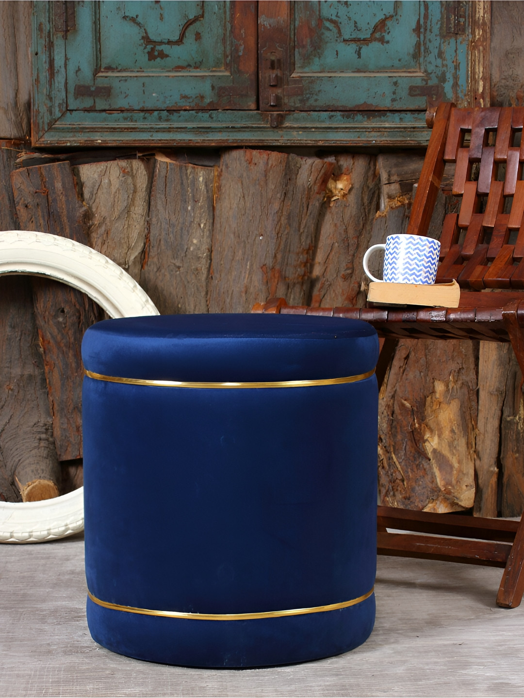 Shadowkart Blue Velvet Wooden Cylindrical Ottoman