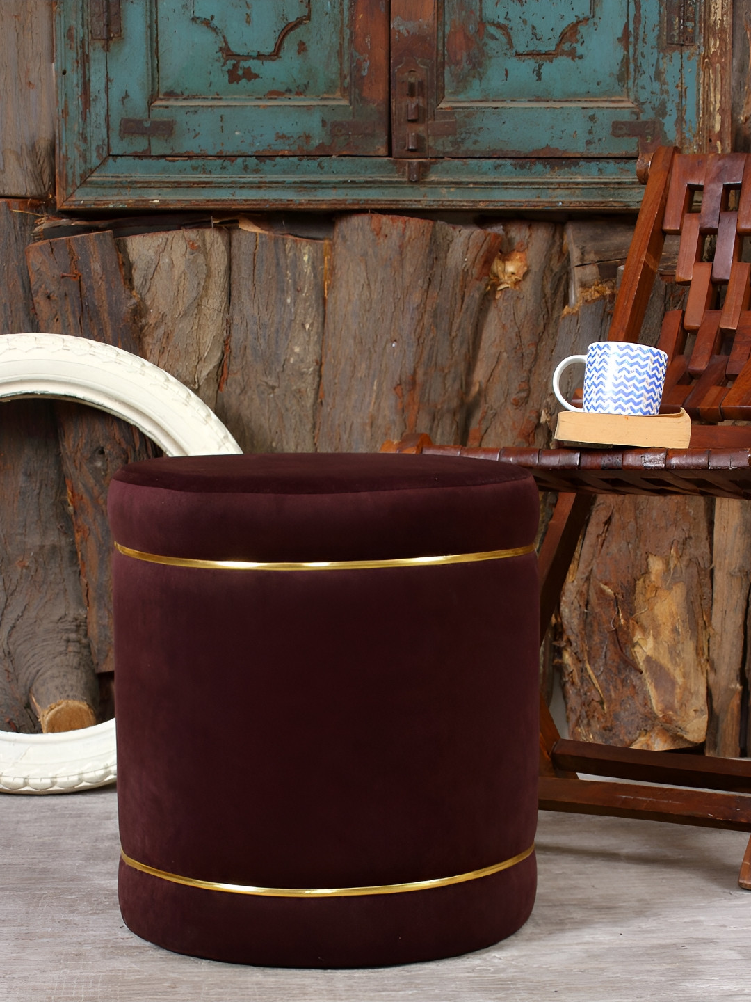 Shadowkart Coffee Brown Velvet & Wooden Cylindrical Ottoman