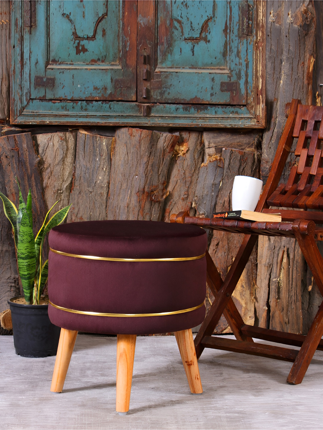 Shadowkart Coffee Brown Velvet & Wooden Round Ottoman