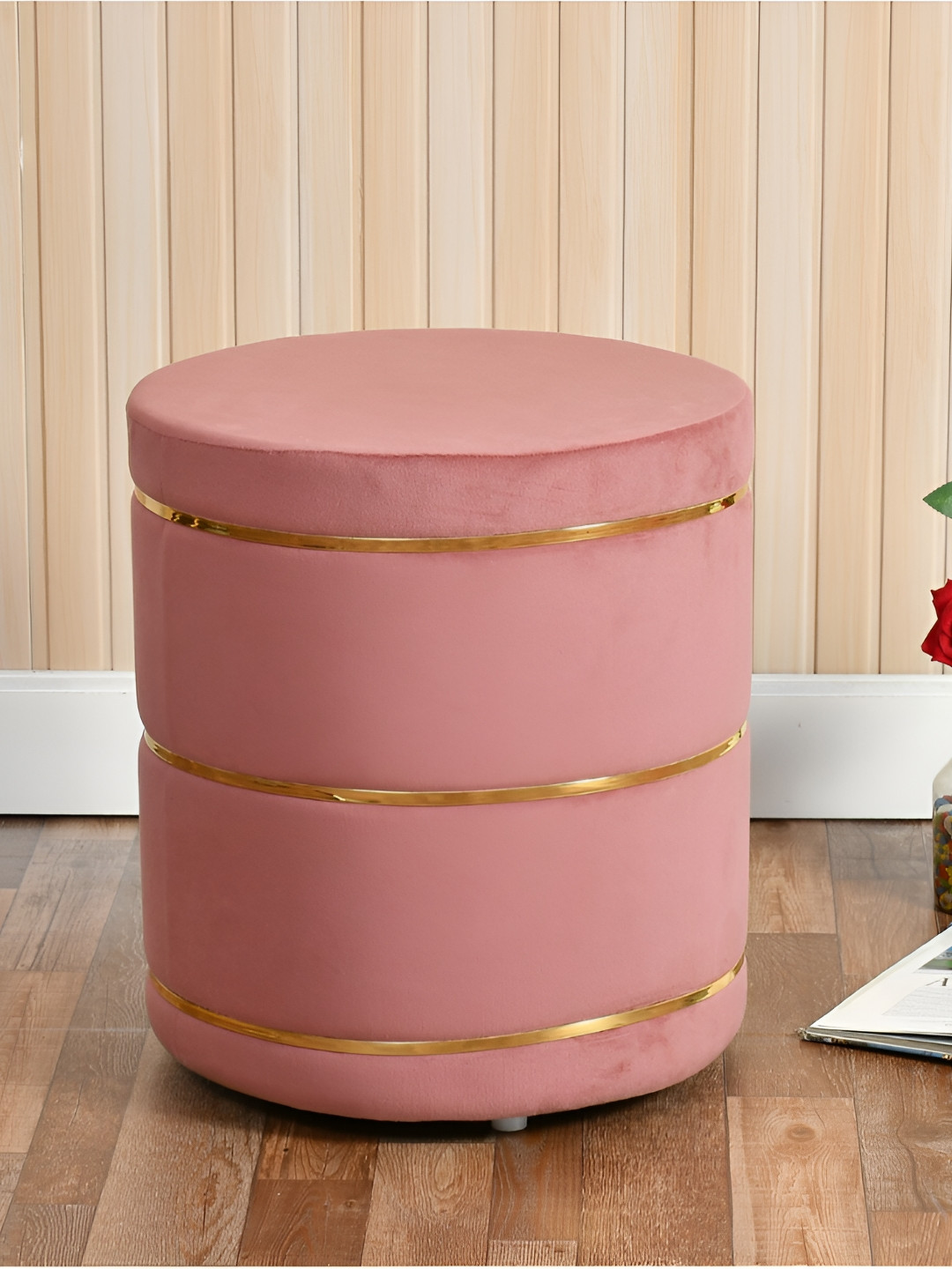 Shadowkart Peach Colored Velvet & Wooden Round Ottoman