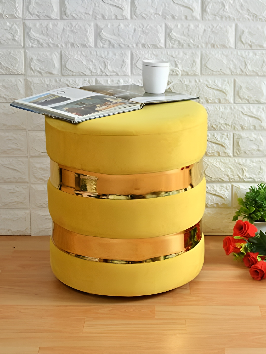 Shadowkart Yellow Velvet & Wooden Round Ottoman