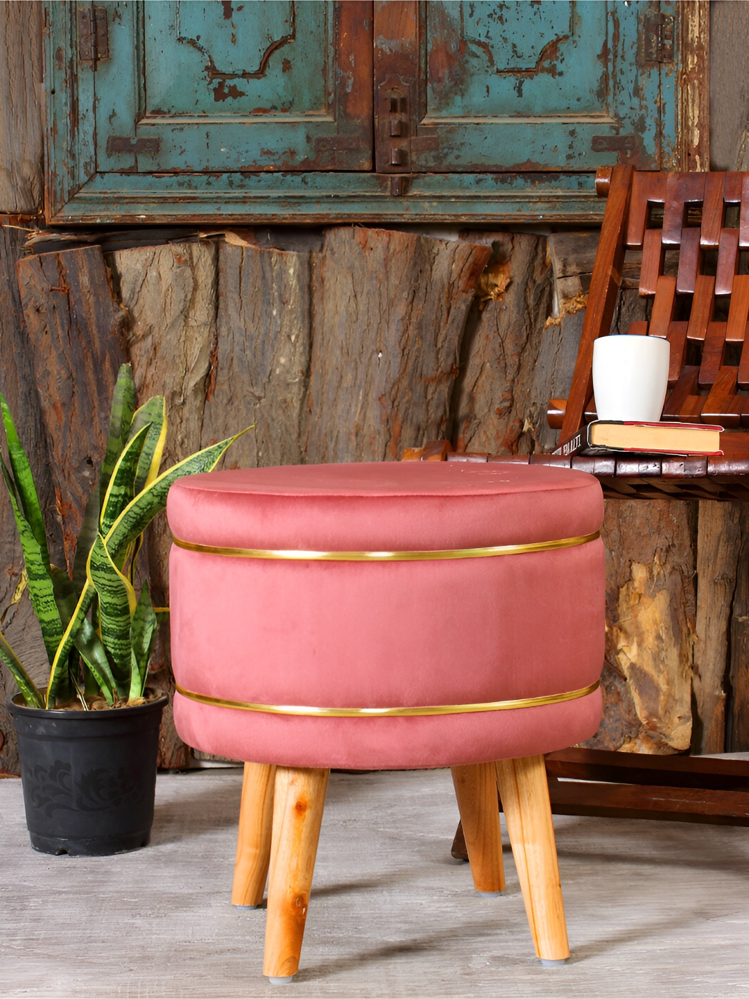 Shadowkart Peach Colored Velvet & Wooden Round Ottoman