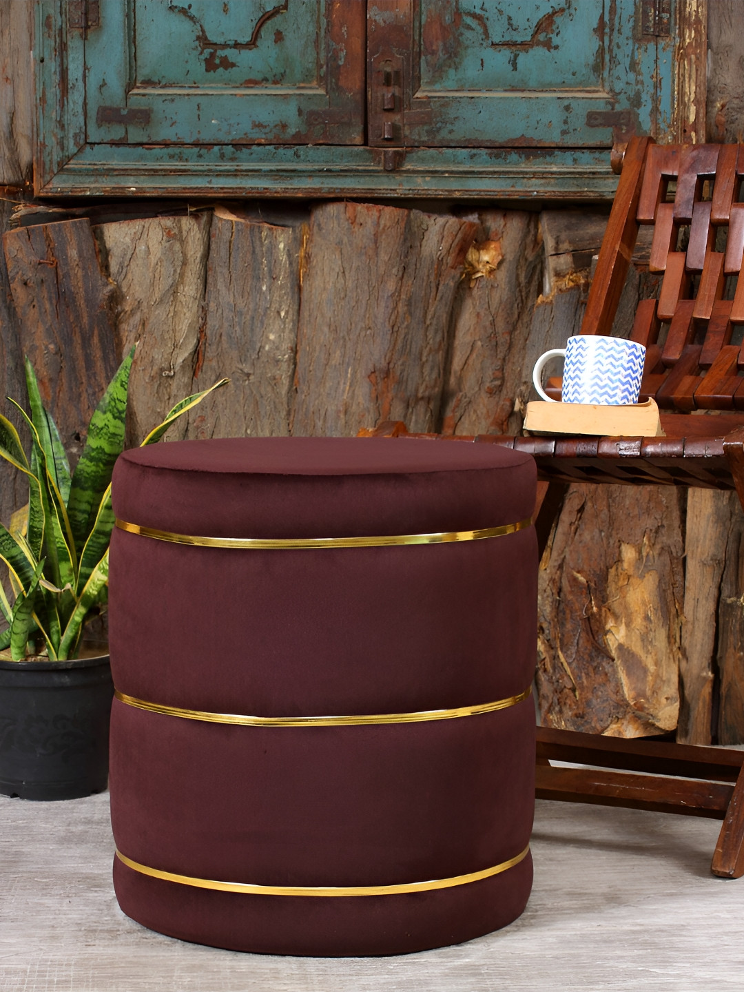 Shadowkart Coffee Brown Velvet & Wooden Round Ottoman