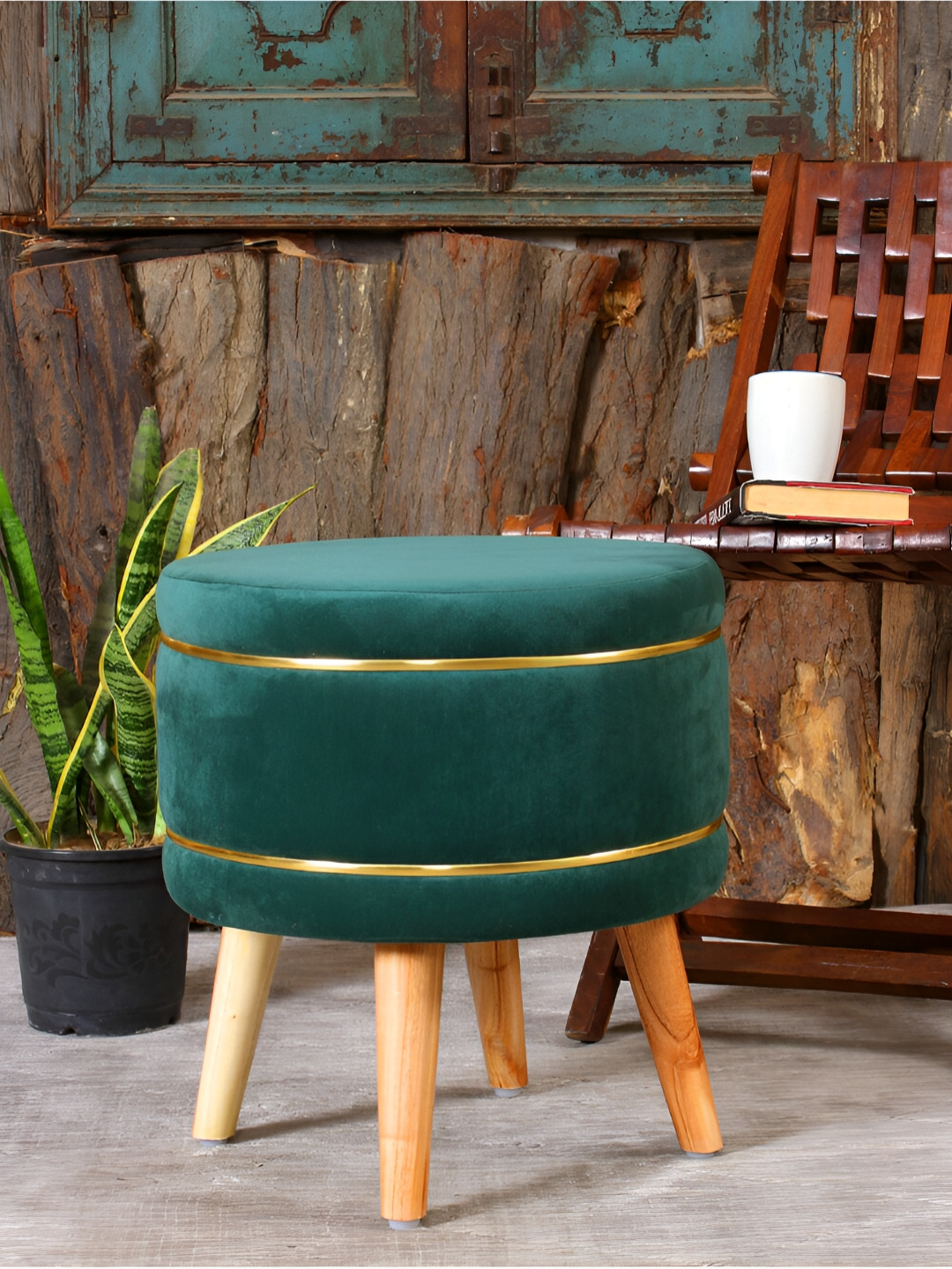 Shadowkart Green Velvet & Wooden Round Ottoman