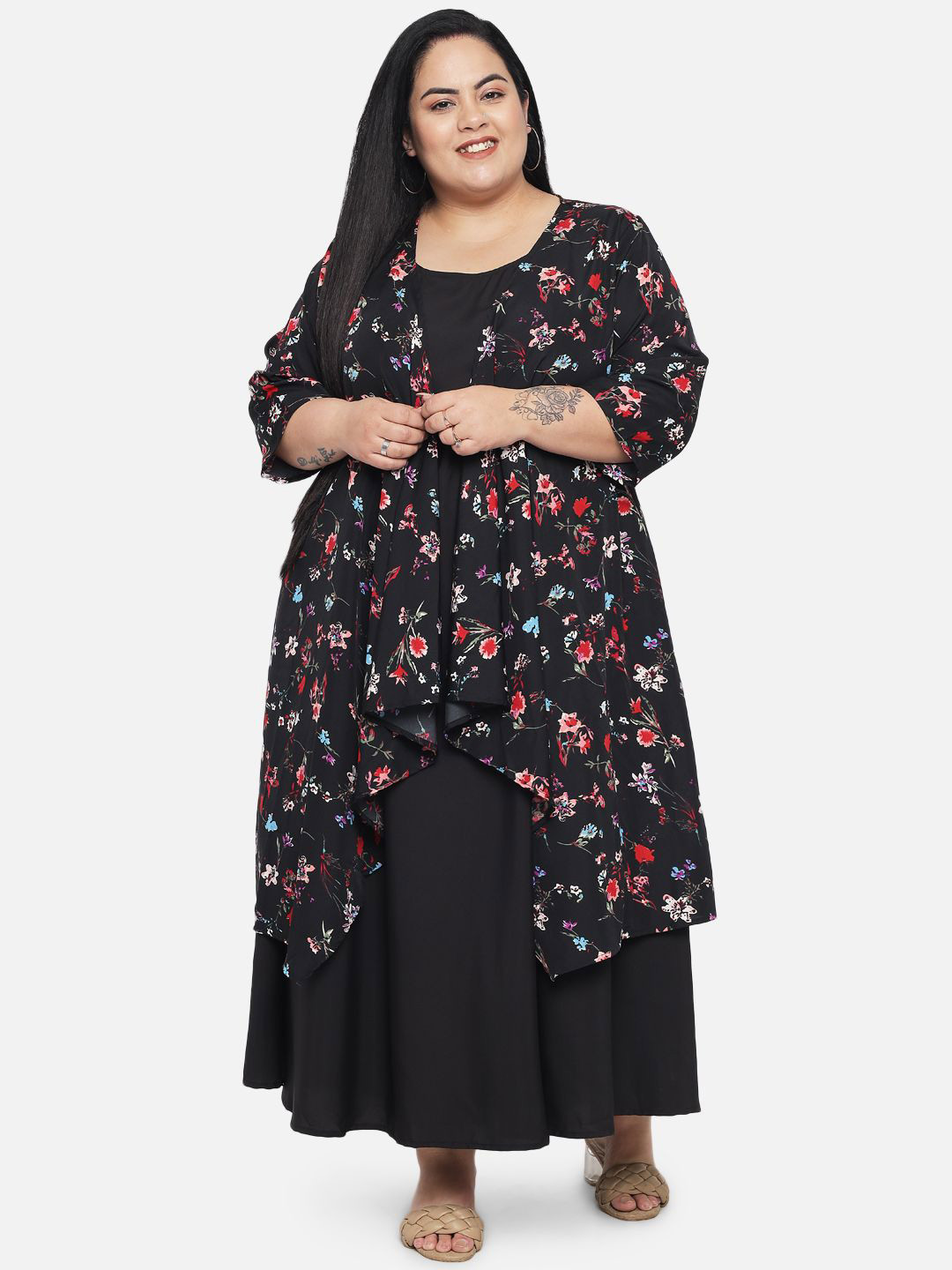 Indietoga Women Plus Size Solid Maxi Dress With Floral Printed Shrug