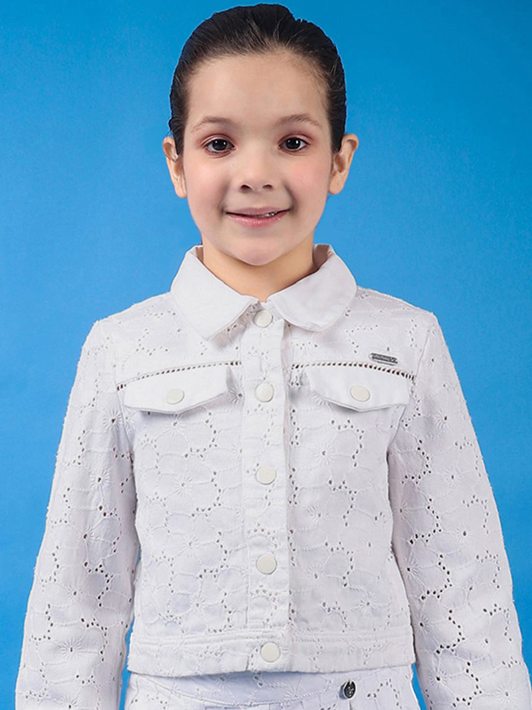 One Friday Kids Girls Pure Cotton Schiffli Jacket With Lace