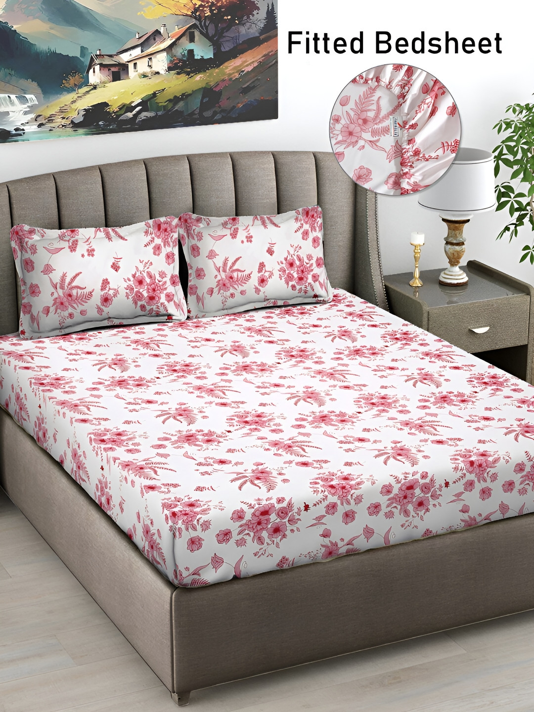 FABINALIV Live Beautiful White Floral Cotton 300 TC Fitted King Fine Bedsheet with 2 Pillow Covers-250 x 225 cm