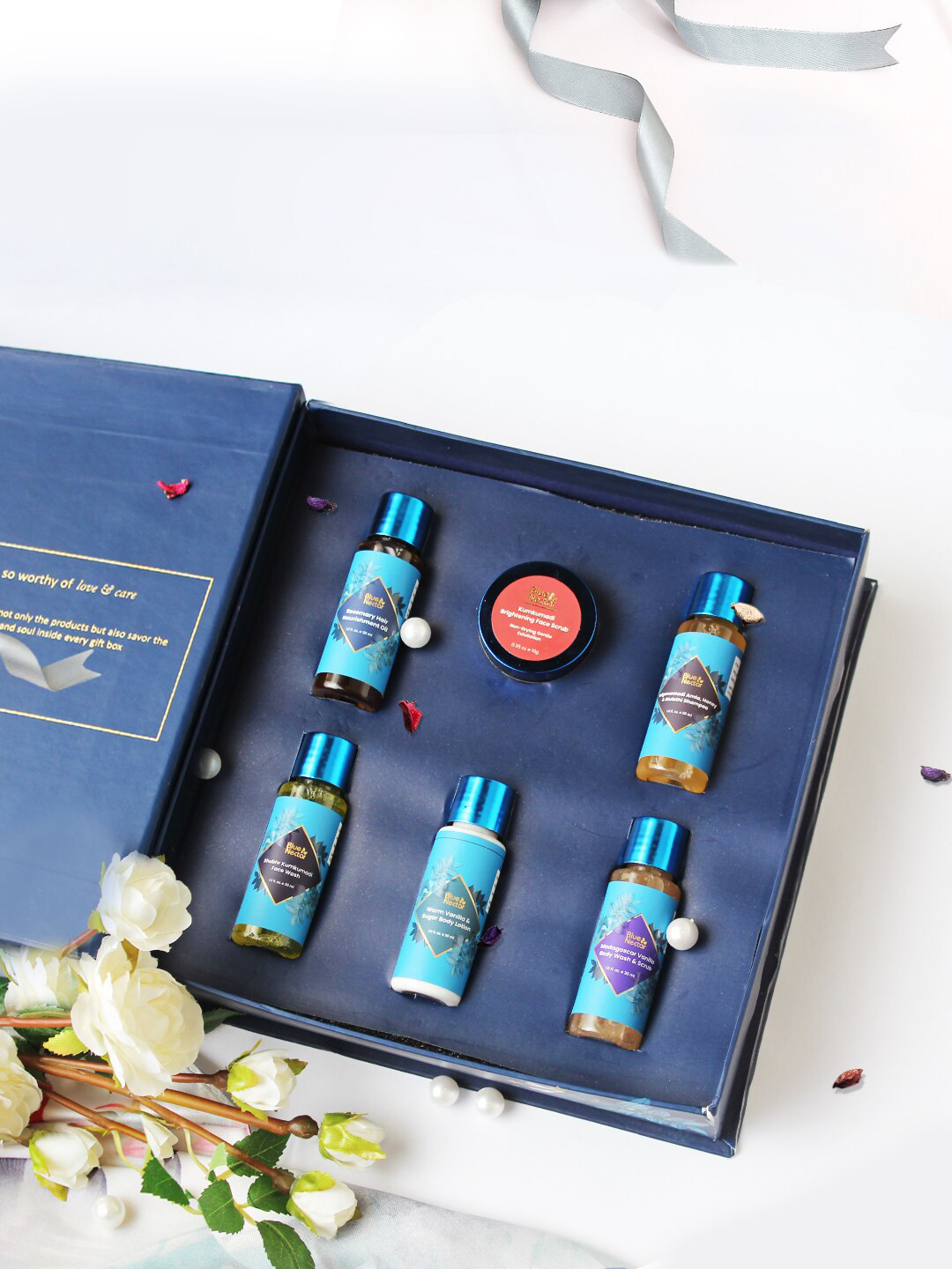 Blue Nectar 6-Pcs Face Scrub-Face Wash-Body Wash-Body Lotion-Hair Oil-Shampoo Gift Set