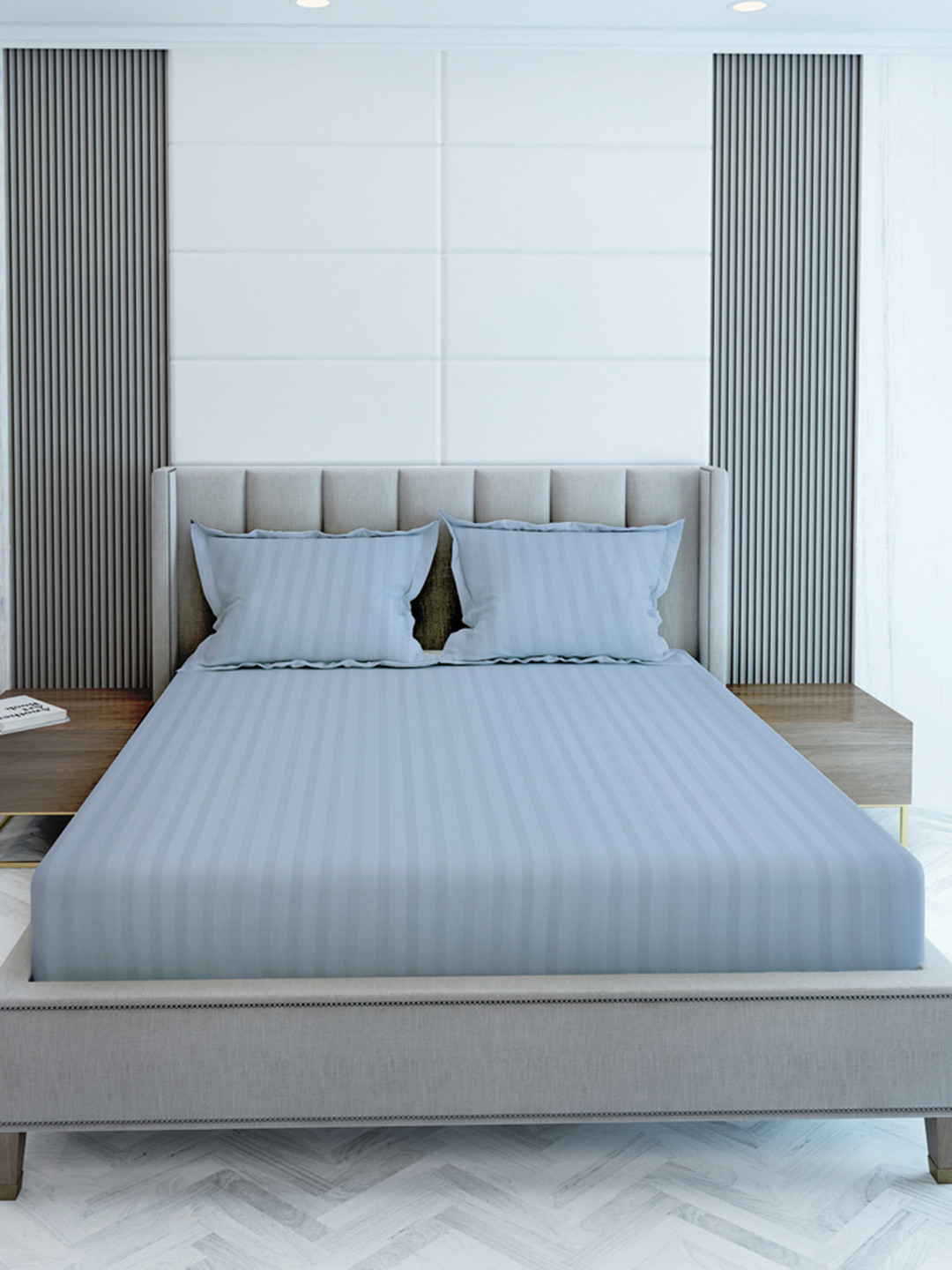 LABHAM Simple Living Blue Striped Cotton 210 TC King Fine Bedsheet with 2 Pillow Covers-108 x 108 inches