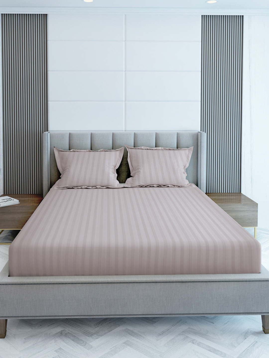 LABHAM Simple Living Grey Striped Cotton 210 TC King Fine Bedsheet with 2 Pillow Covers-108 x 108 inches