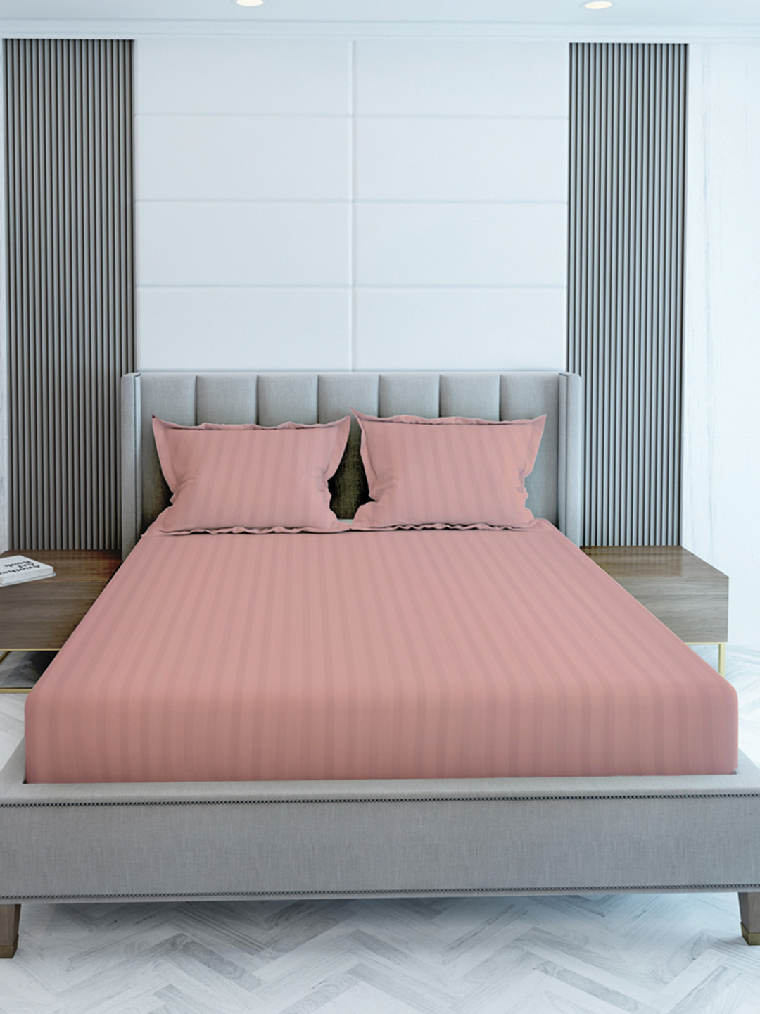 LABHAM Simple Living Peach Striped Cotton 210 TC King Fine Bedsheet with 2 Pillow Covers-108 x 108 inches