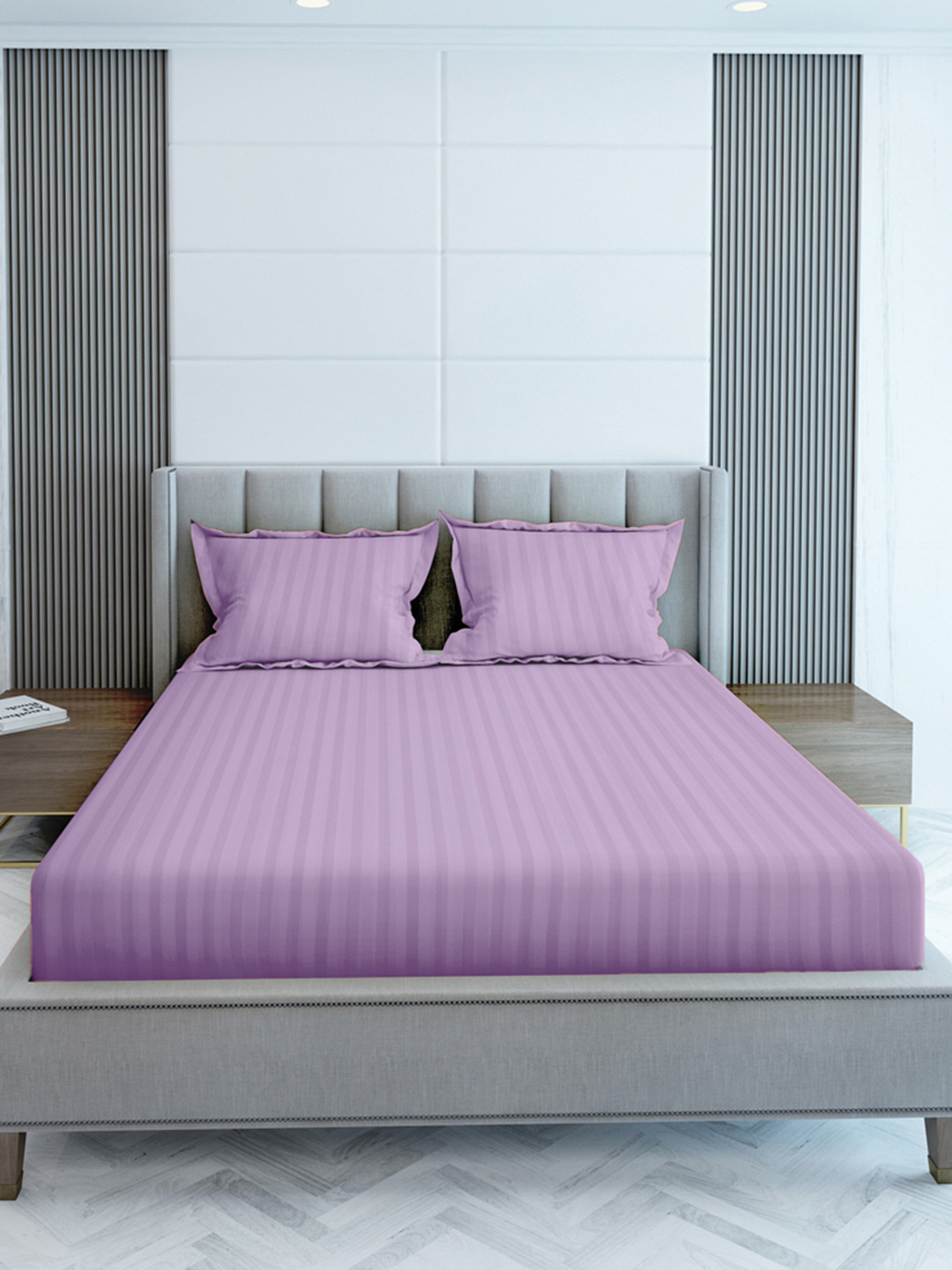 LABHAM Simple Living Purple Striped Cotton 210 TC King Fine Bedsheet with 2 Pillow Covers-108 x 108 inches
