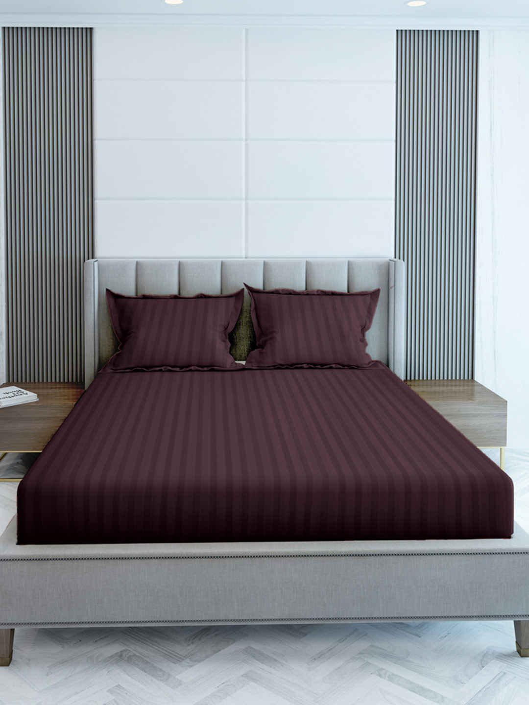 LABHAM Simple Living Dark Violet Striped 210 TC King Bedsheet With 2 Pillow Covers
