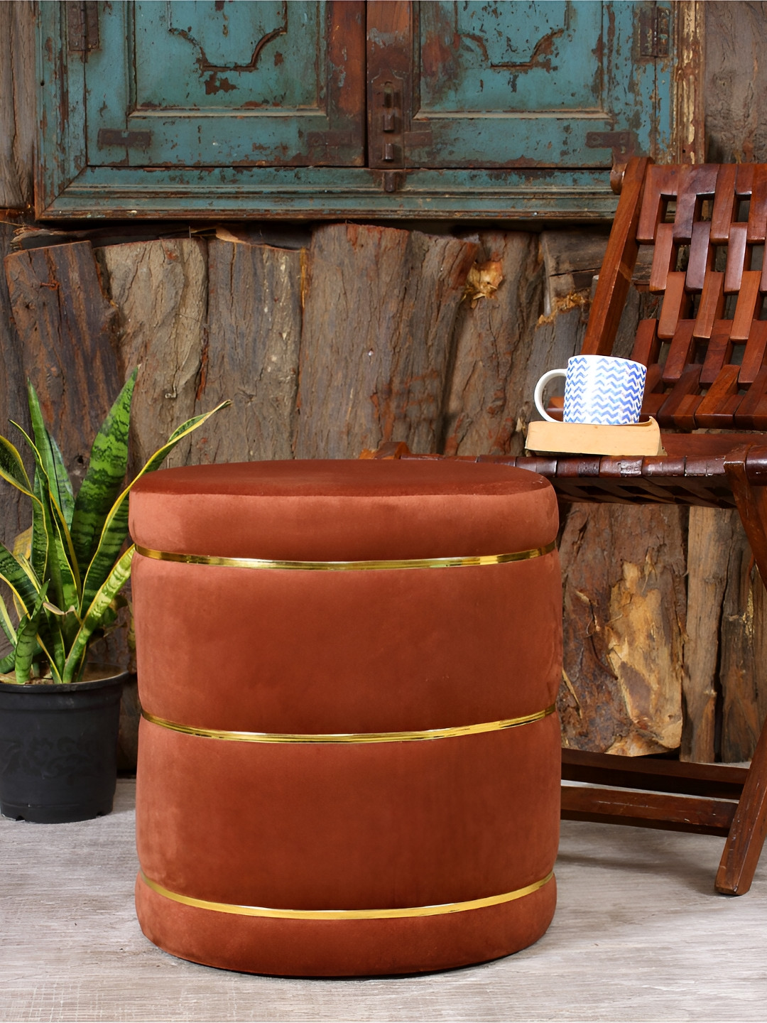 Shadowkart Rust Brown Velvet & Wooden Round Ottoman