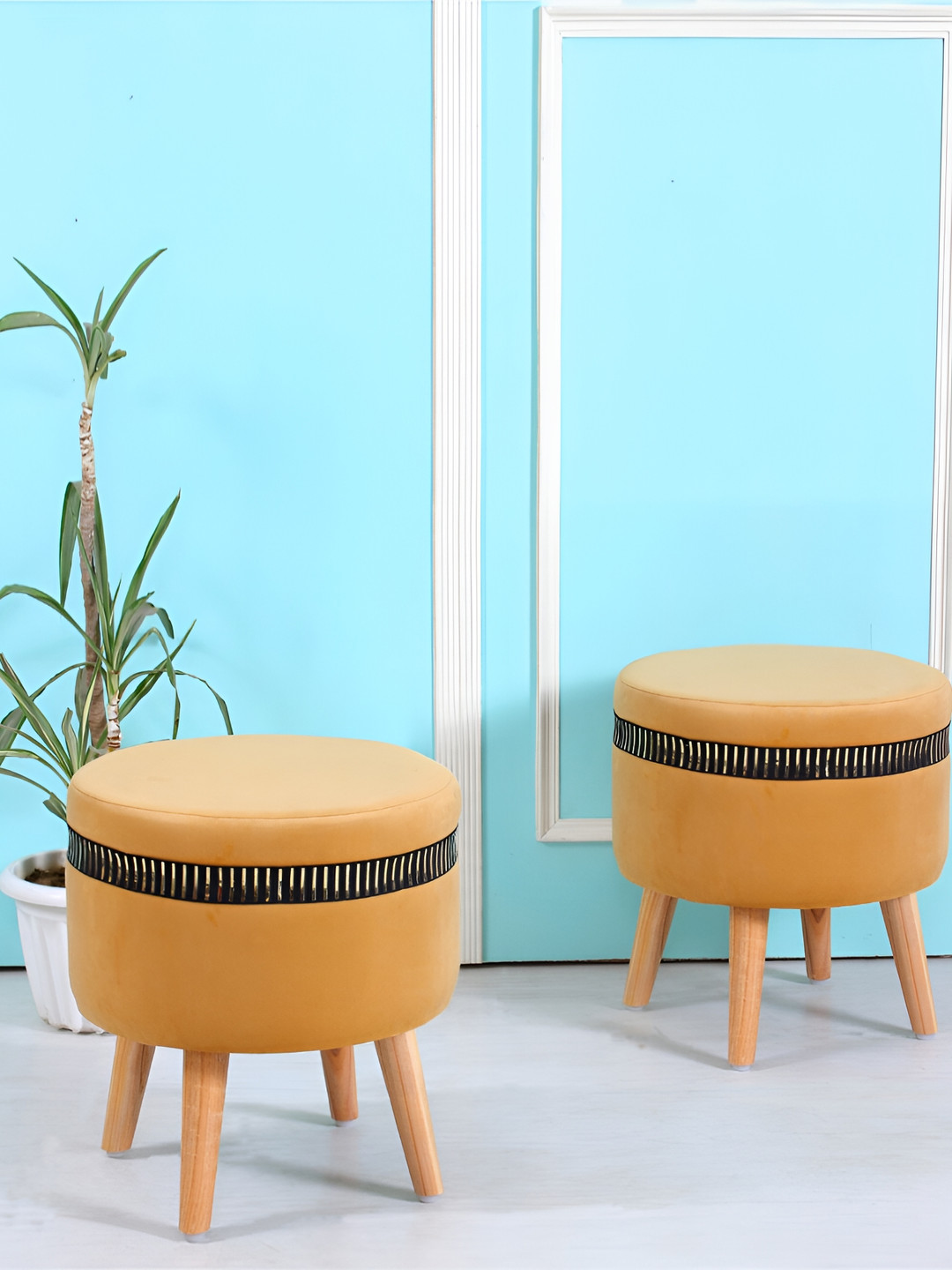 Shadowkart 2Pcs Beige & Black Round Wooden Ottoman