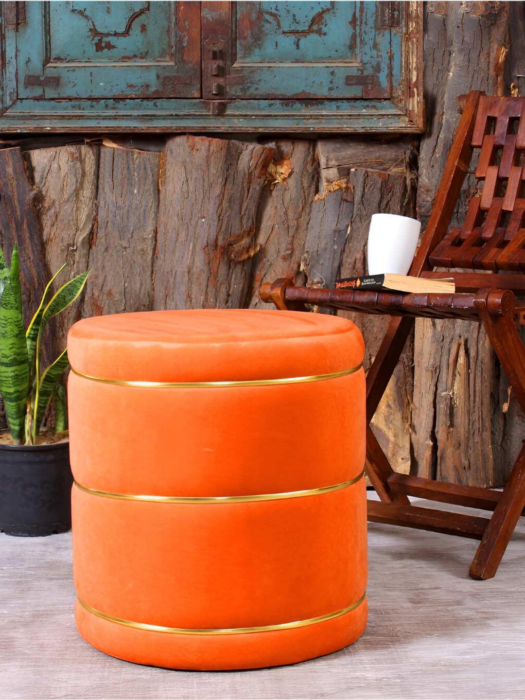 Shadowkart Orange-colored Velvet & Wooden Round Ottoman