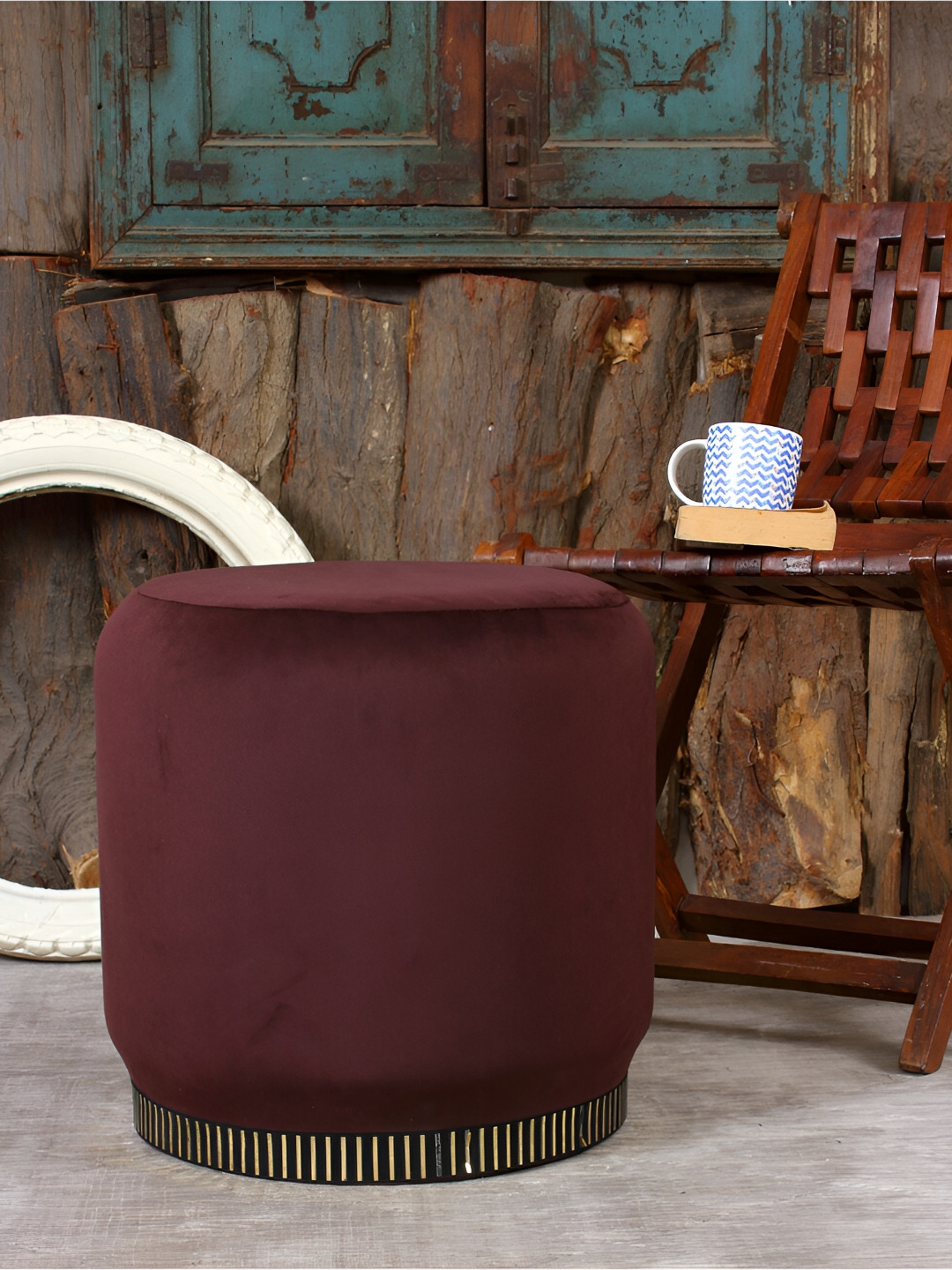 Shadowkart Coffee Brown Velvet & Wooden Round Ottoman