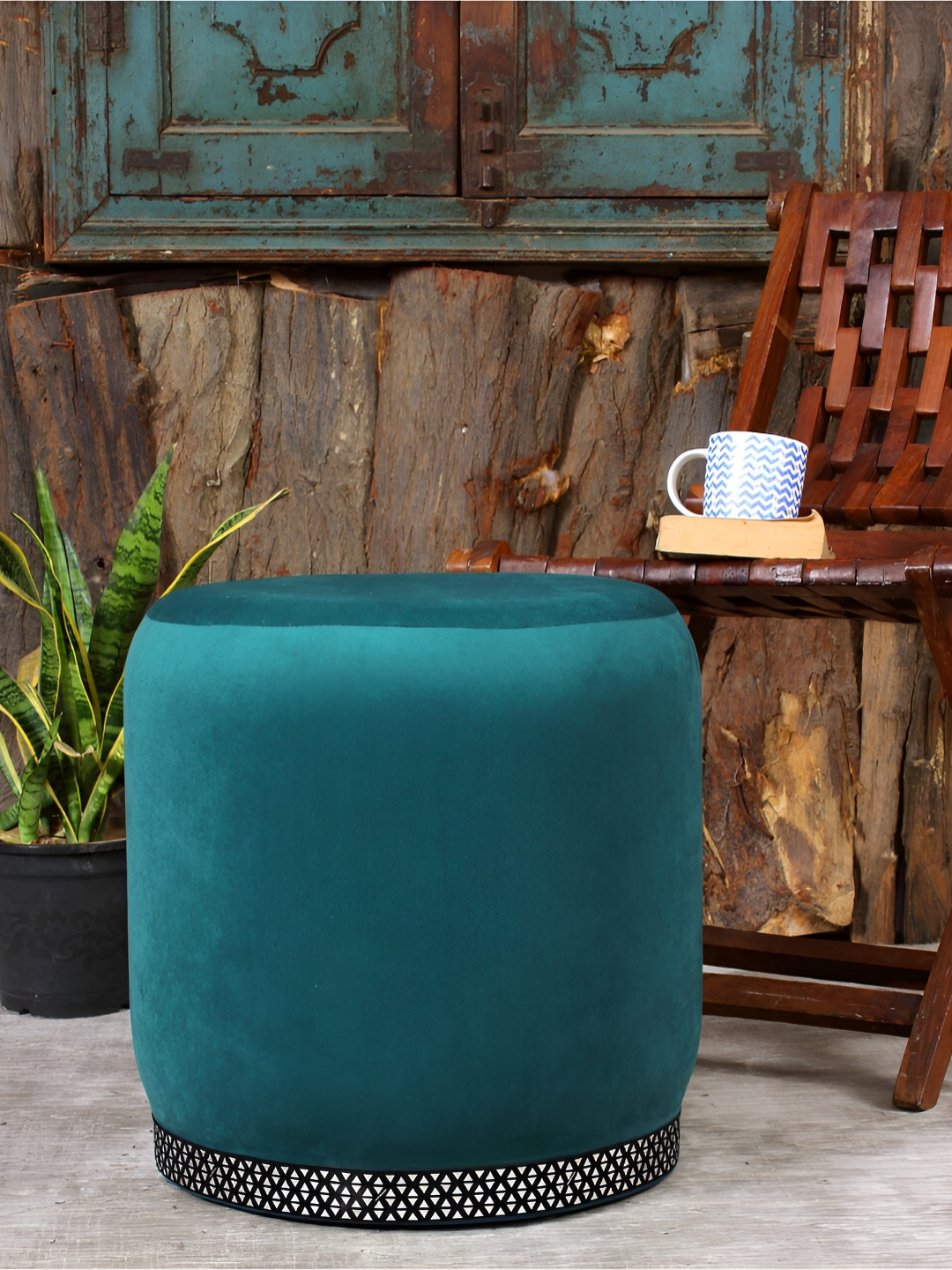 Shadowkart Sea Green Velvet & Wooden Round Ottoman