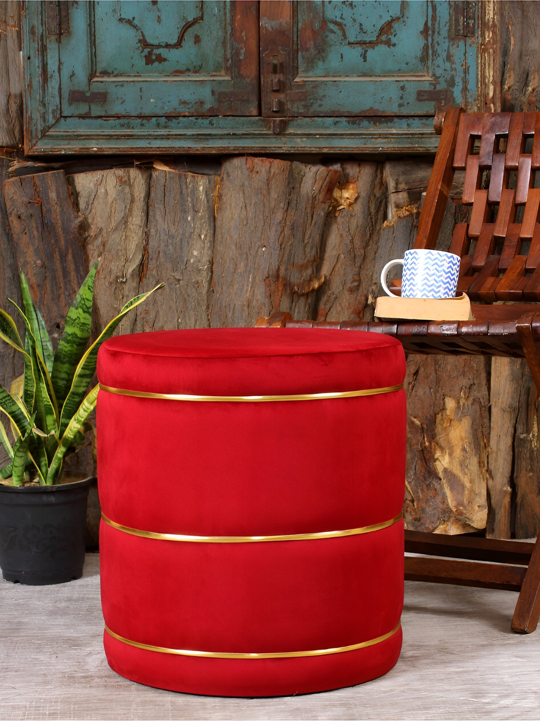 Shadowkart Red Velvet & Wooden Round Ottoman