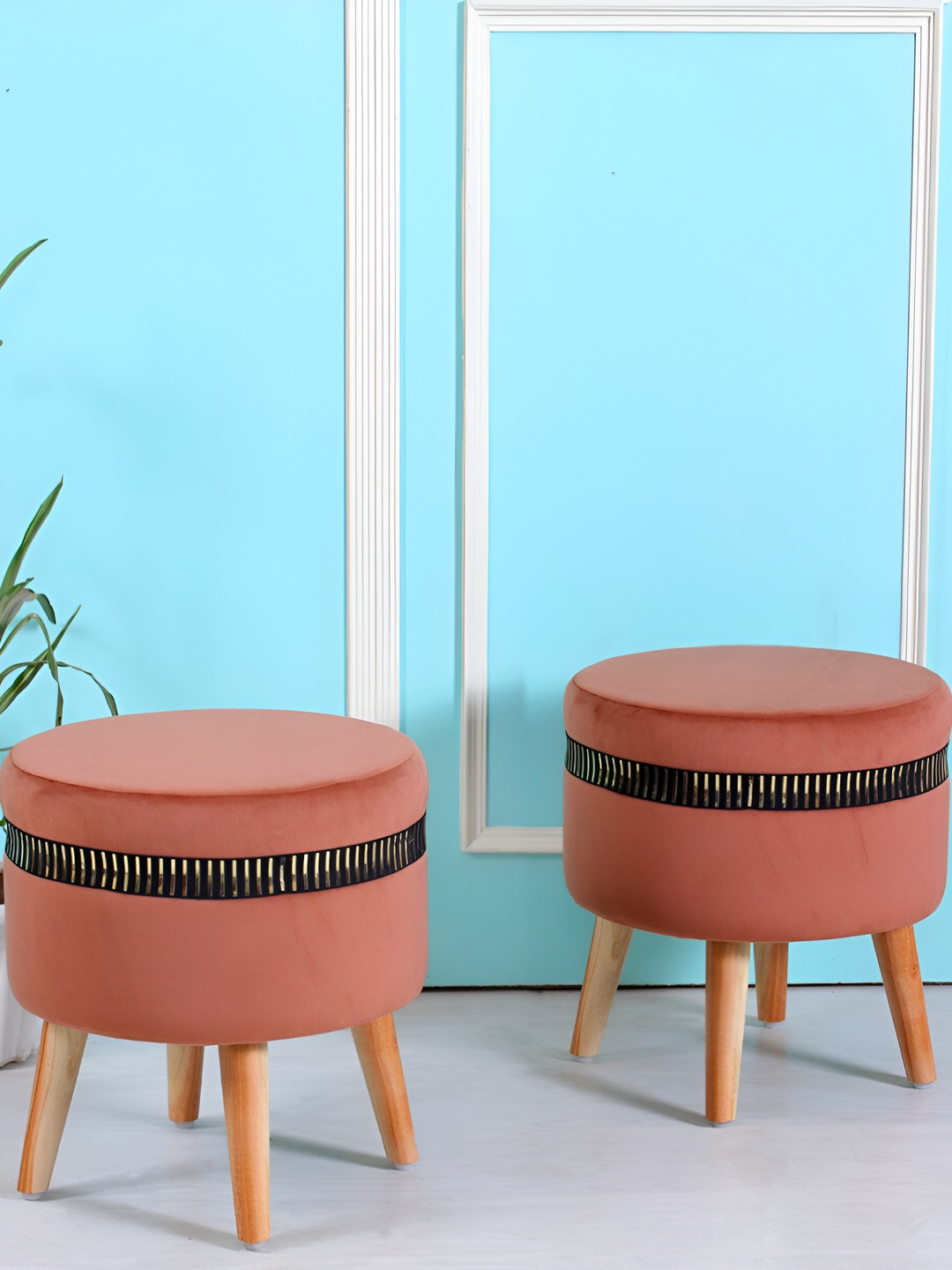 Shadowkart Rust Brown Velvet & Wooden Round Ottoman