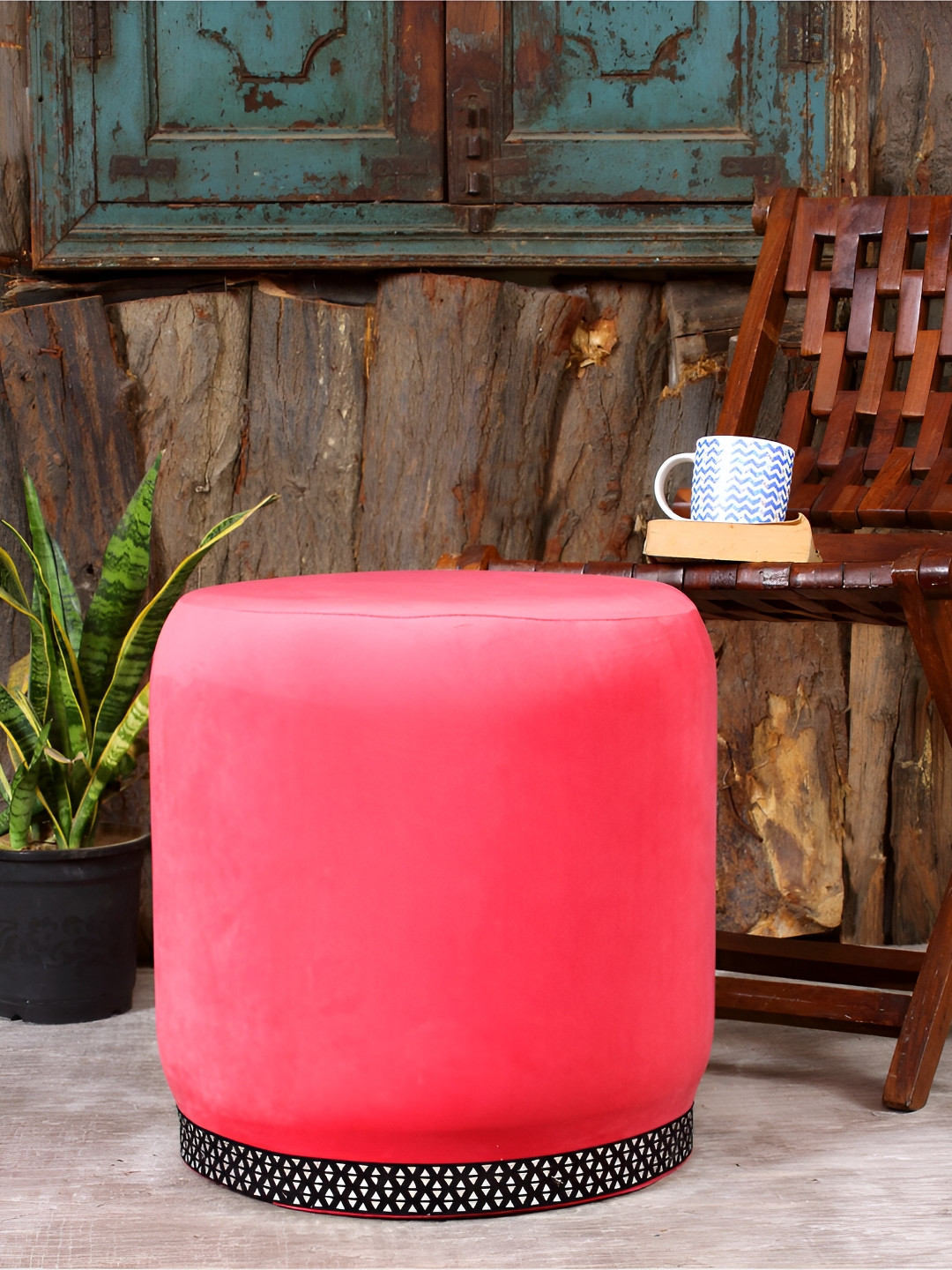 Shadowkart Pink Velvet & Wooden Round Ottoman