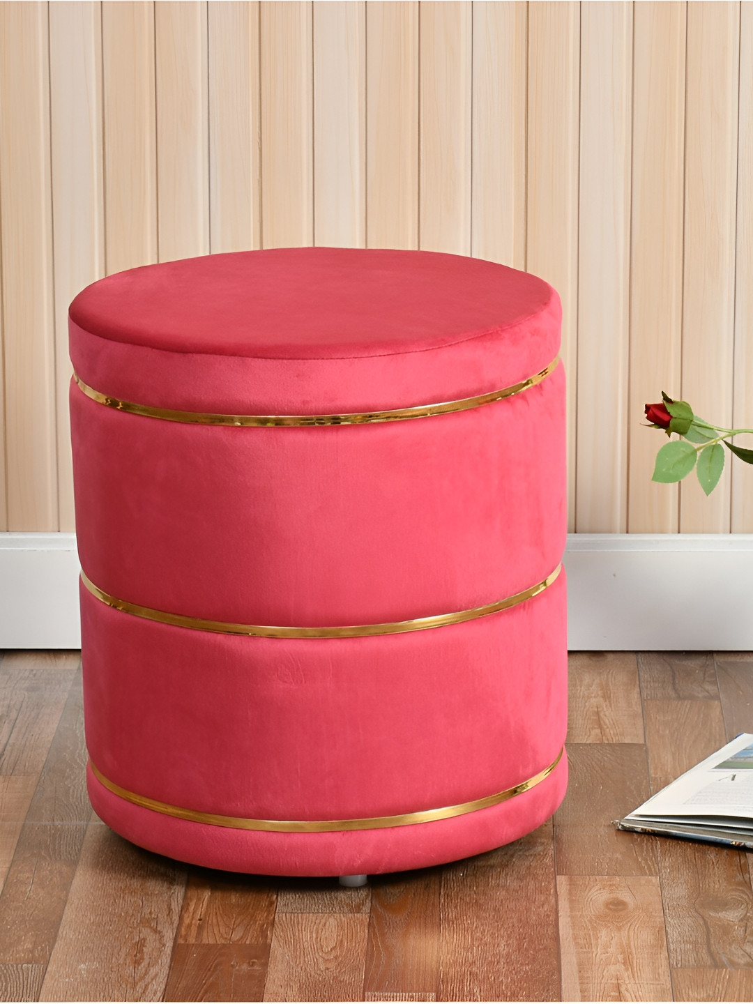 Shadowkart Pink Velvet & Wooden Round Ottoman