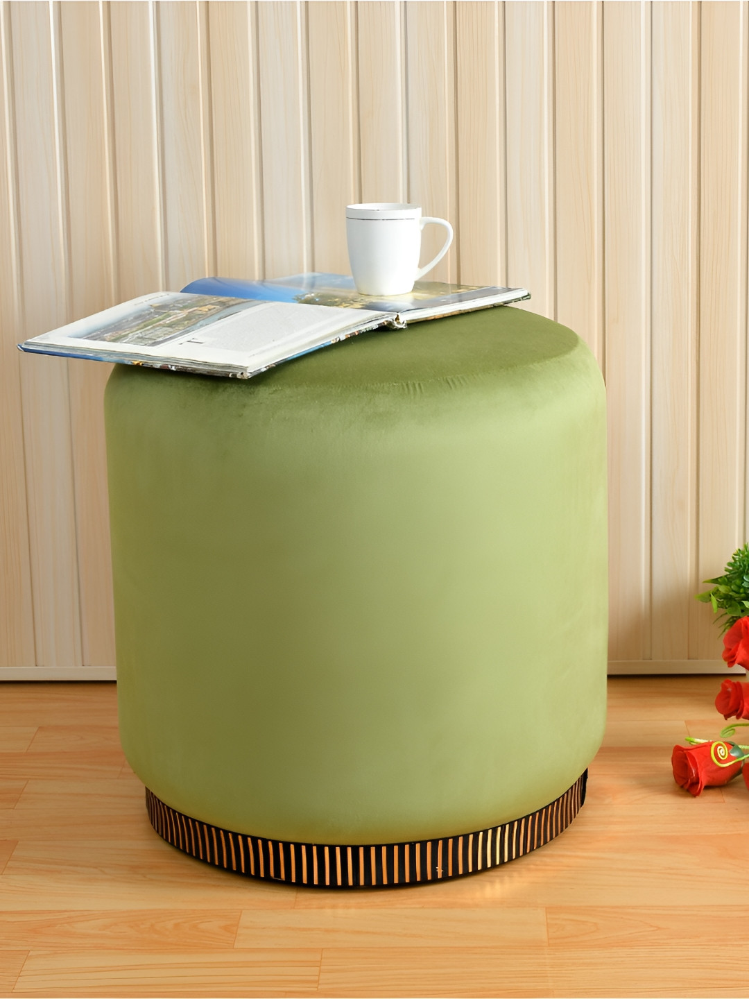 Shadowkart Green Velvet & Wooden Round Ottoman