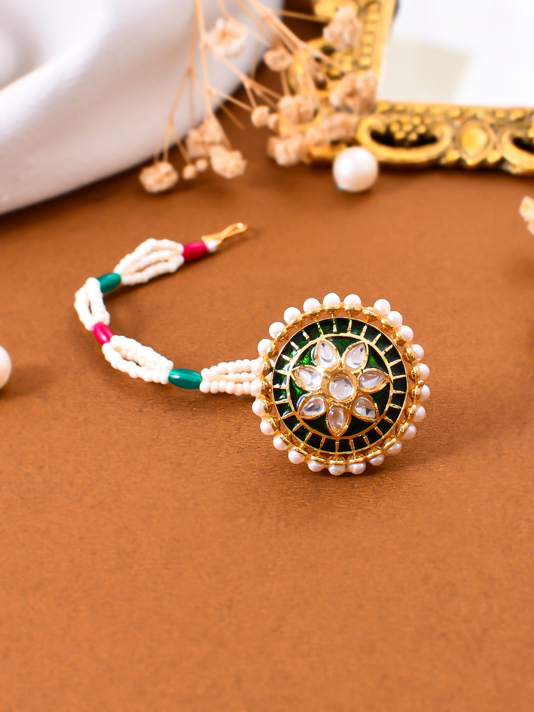 Silvermerc Designs Gold-Plated Kundan Studded & Beads Beaded Maang Tikka Head Jewellery