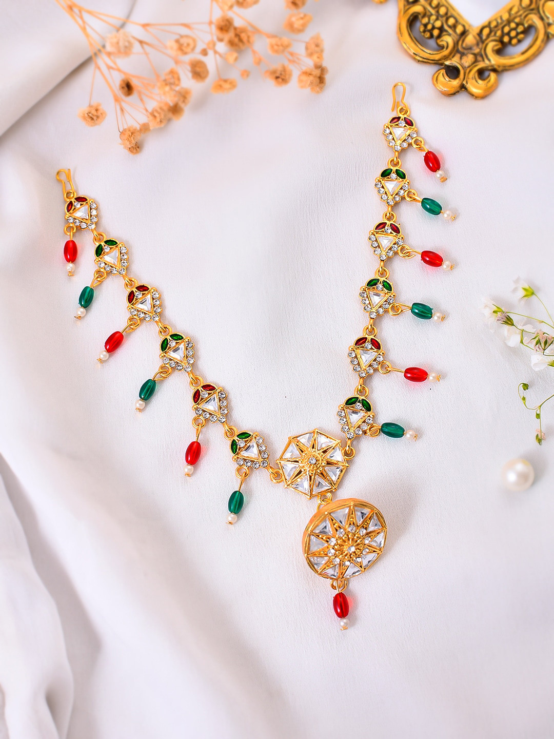 Silvermerc Designs Gold-Plated Artificial Stones Beads Studded Matha Patti Head Jewellery