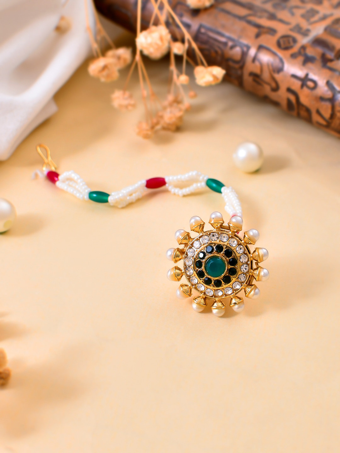 Silvermerc Designs Gold-Plated Artificial Stones Beads Studded Maang Tikka Head Jewellery