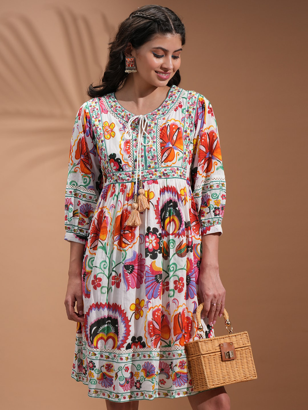 Vishudh White Floral Printed Embroidered Puff Sleeve Tasseled Fit and Flare Ethnic Dresses