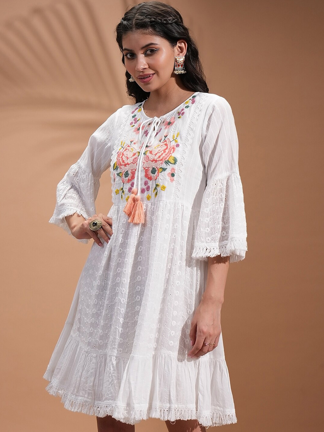 Vishudh White Floral Embroidered Bell Sleeves Tasseled Fit and Flare Ethnic Dresses