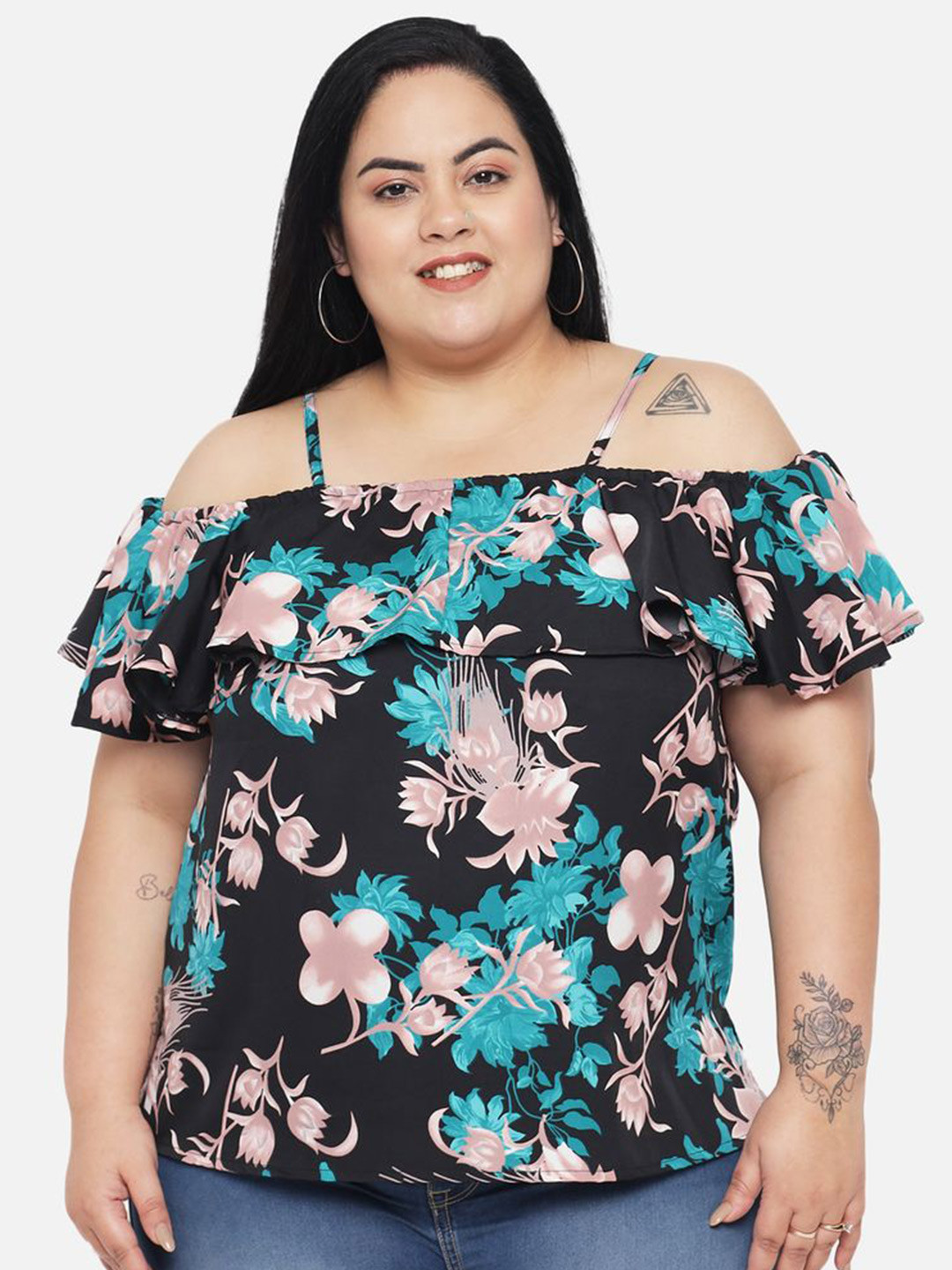 Indietoga Plus Size Floral Printed Off-Shoulder Flared Sleeve Ruffles Crepe Regular Top