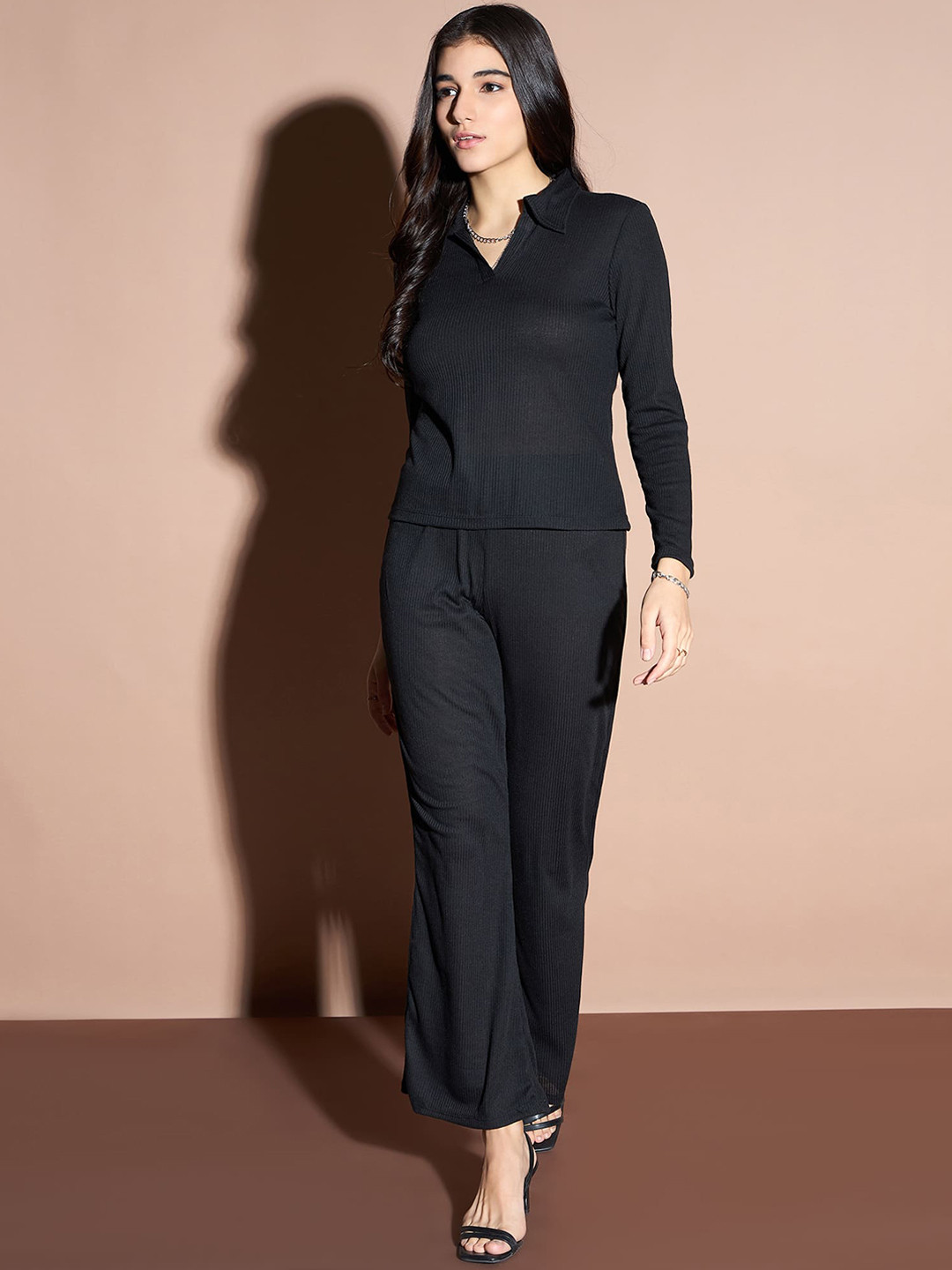 DressBerry Black Shirt Collar Ribbed Top With Trousers Co-Ords