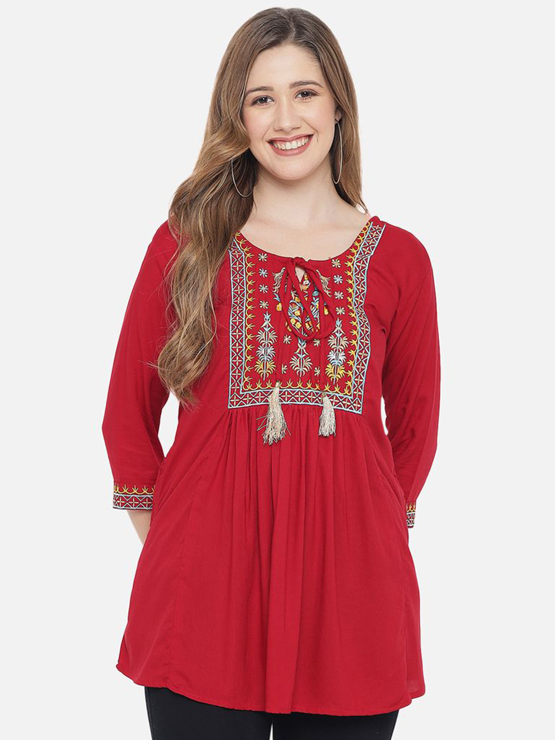 Indietoga Women Geometric Embroidered Tie-Up Rayon Longline Top with Pockets
