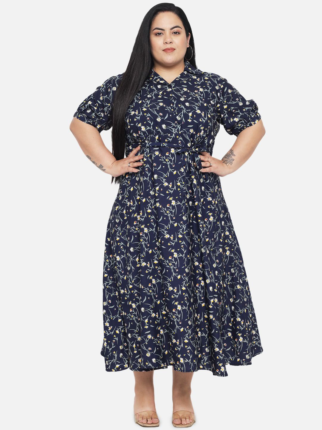 Indietoga Women Plus Size Floral Print Cuban Collar Fit And Flare Maxi Dress