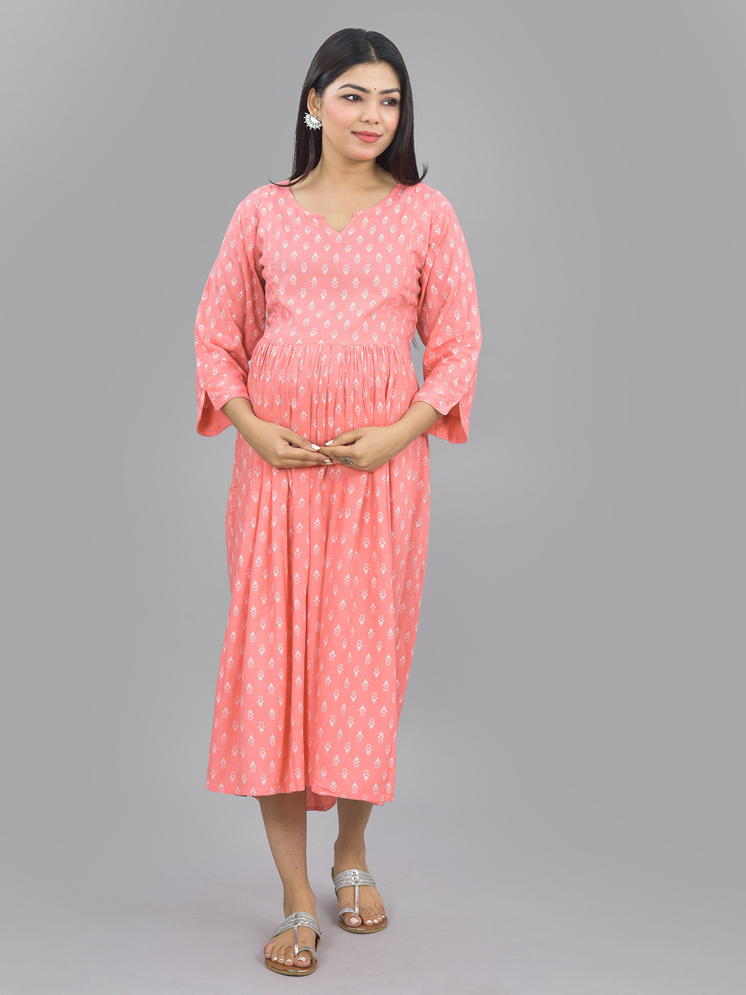 Negen Polka Dot Printed Maternity V-Neck Gathered Fit & Flare Midi Dress With Feeding Zip