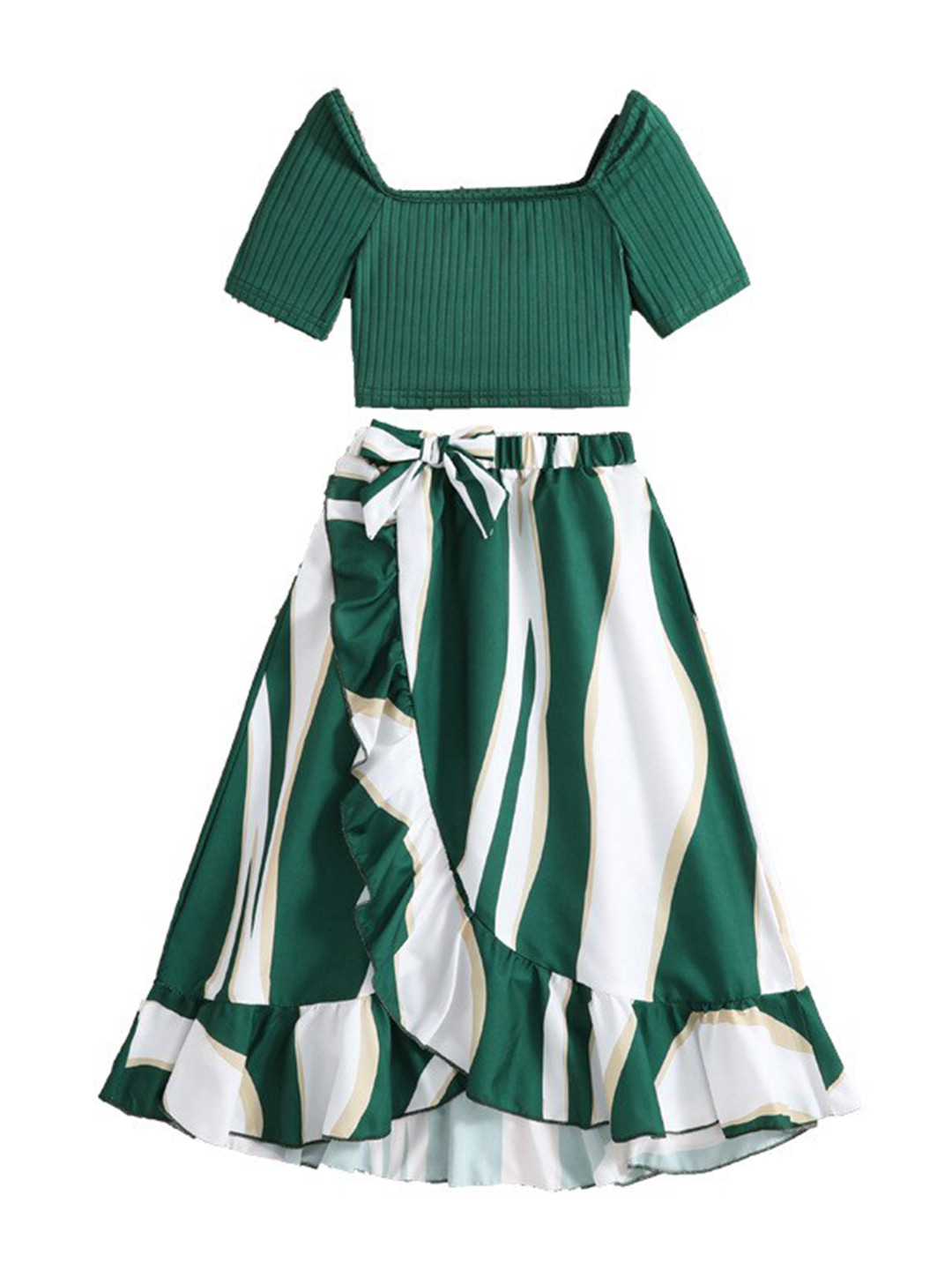 StyleCast Girls Green & White Striped Top with Skirt