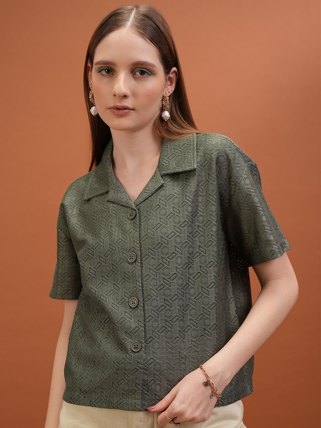 Tokyo Talkies Olive Green Self Design Cuban Collar Shirt Style Top