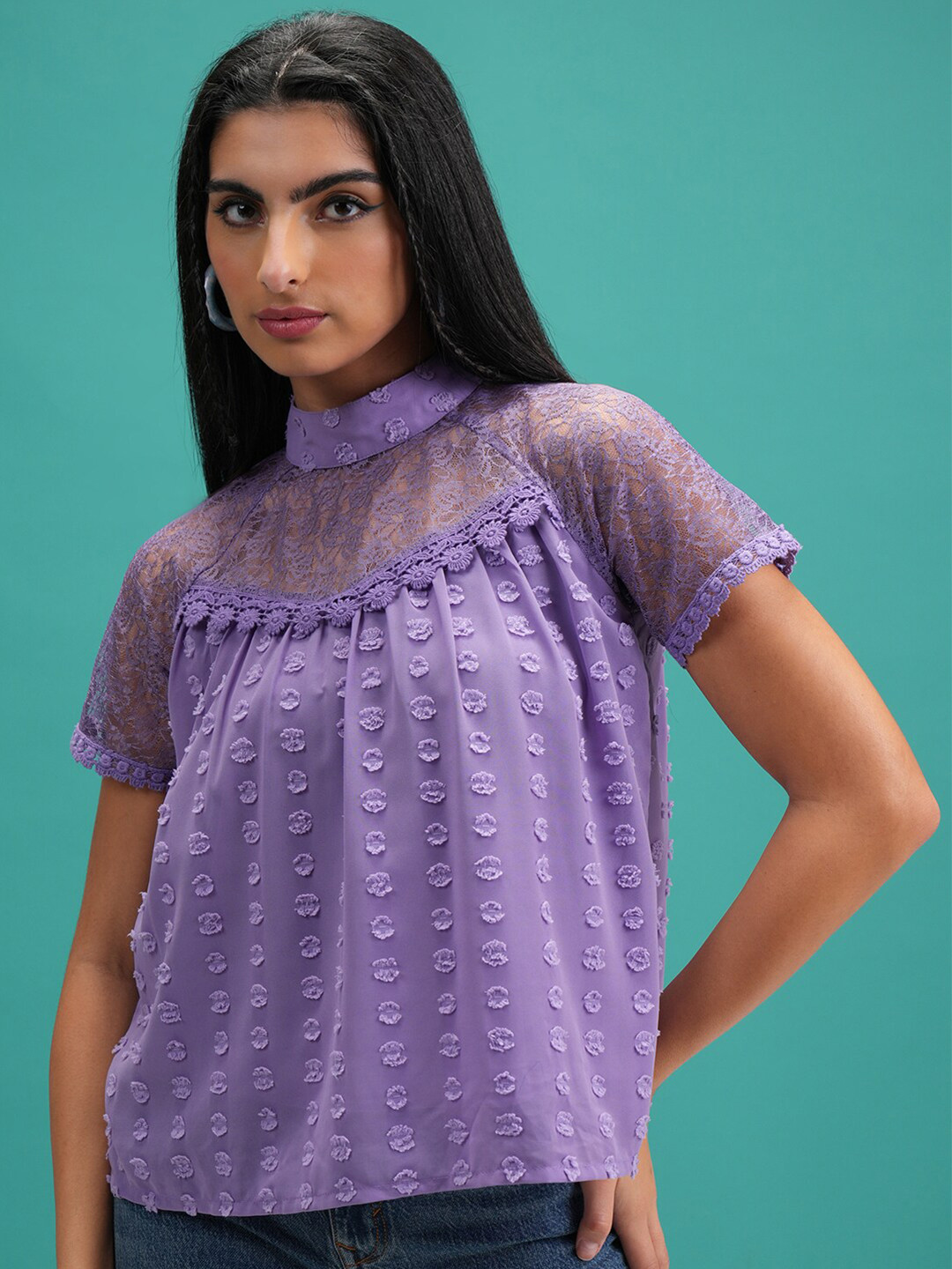 Tokyo Talkies Purple Self Design High Neck Top
