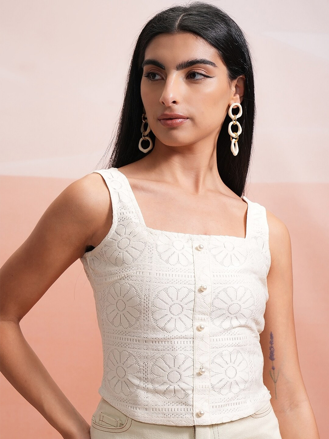 Tokyo Talkies Off White Self Design Crochet Crop Top