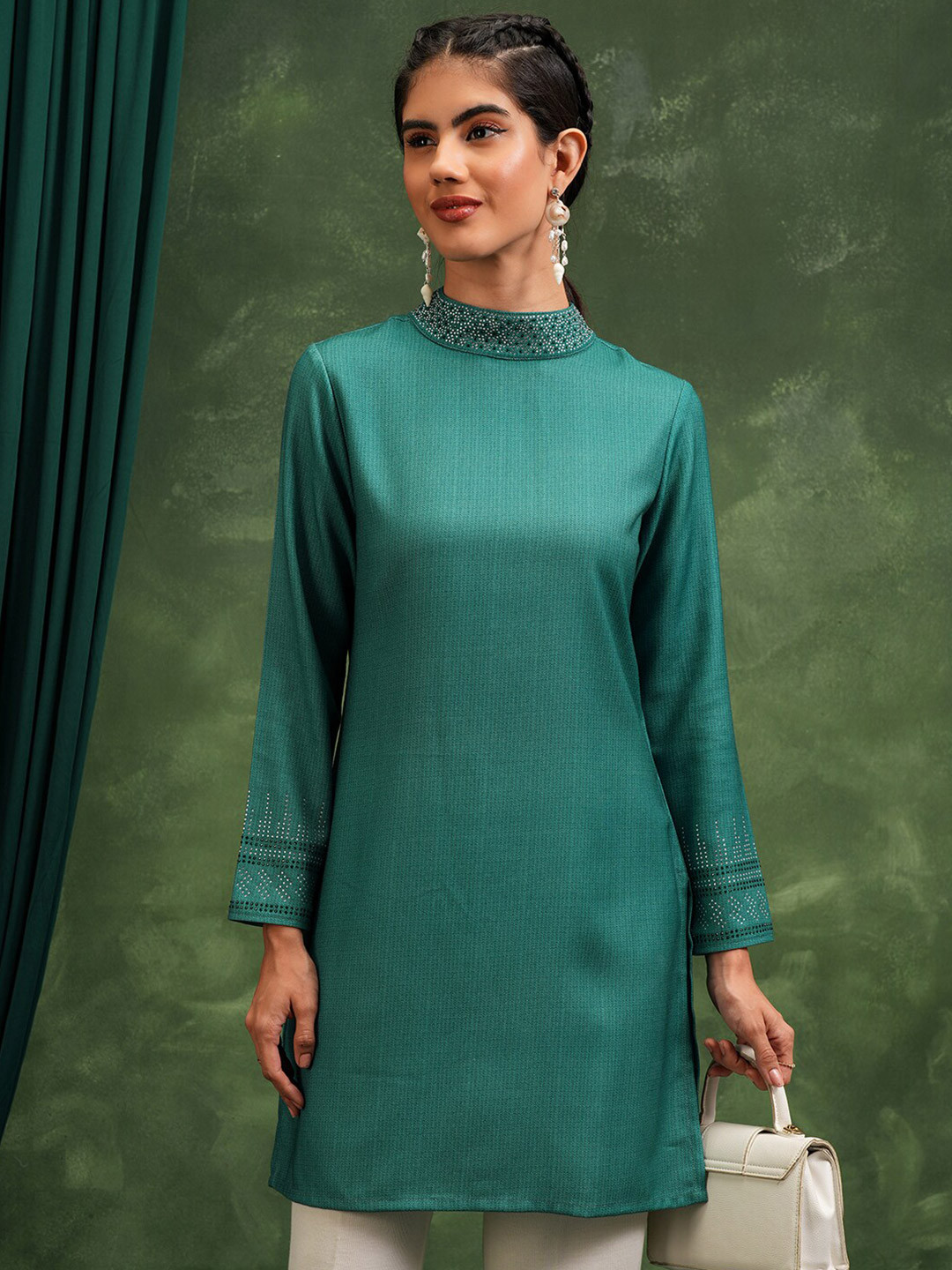 Vishudh Green Long Sleeves Self Design High Neck Tunic