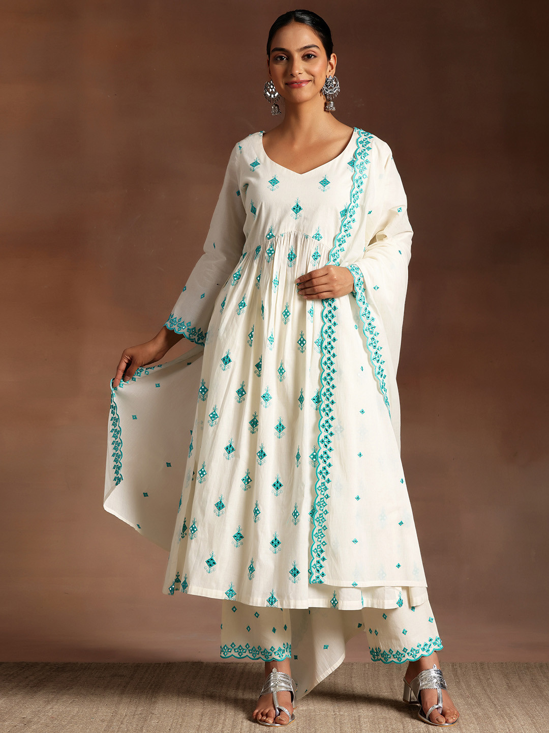 Libas Womens Off White Embroidered Cotton Anarkali Kurta With Trousers & Dupatta