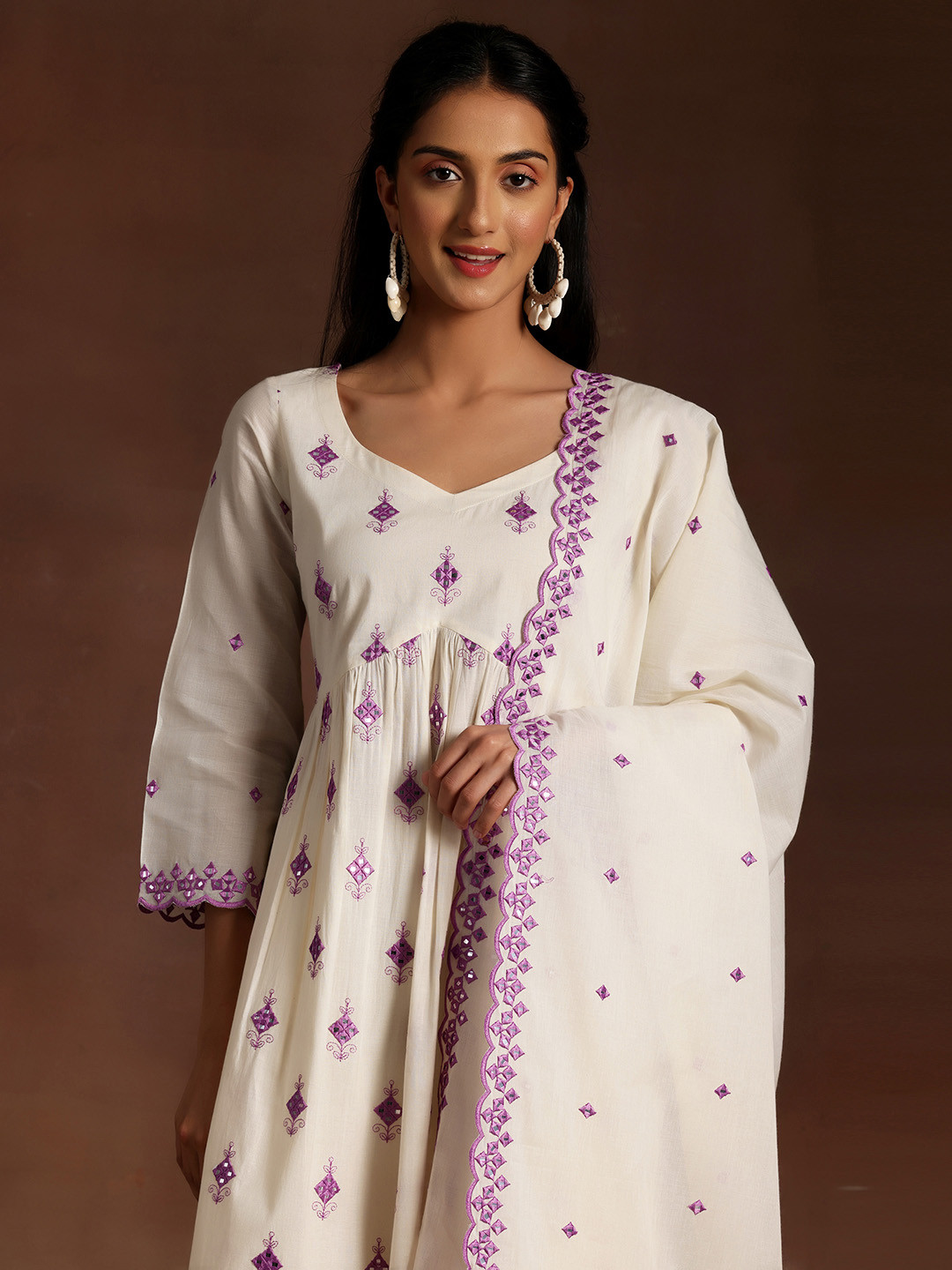 Libas Womens Off White Embroidered Cotton Anarkali Kurta With Trousers & Dupatta