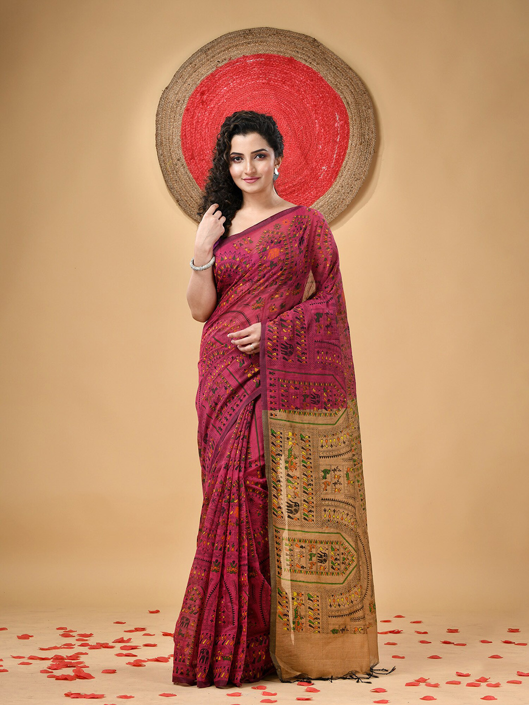 DESH BIDESH Warli Block Print Saree with Tassels