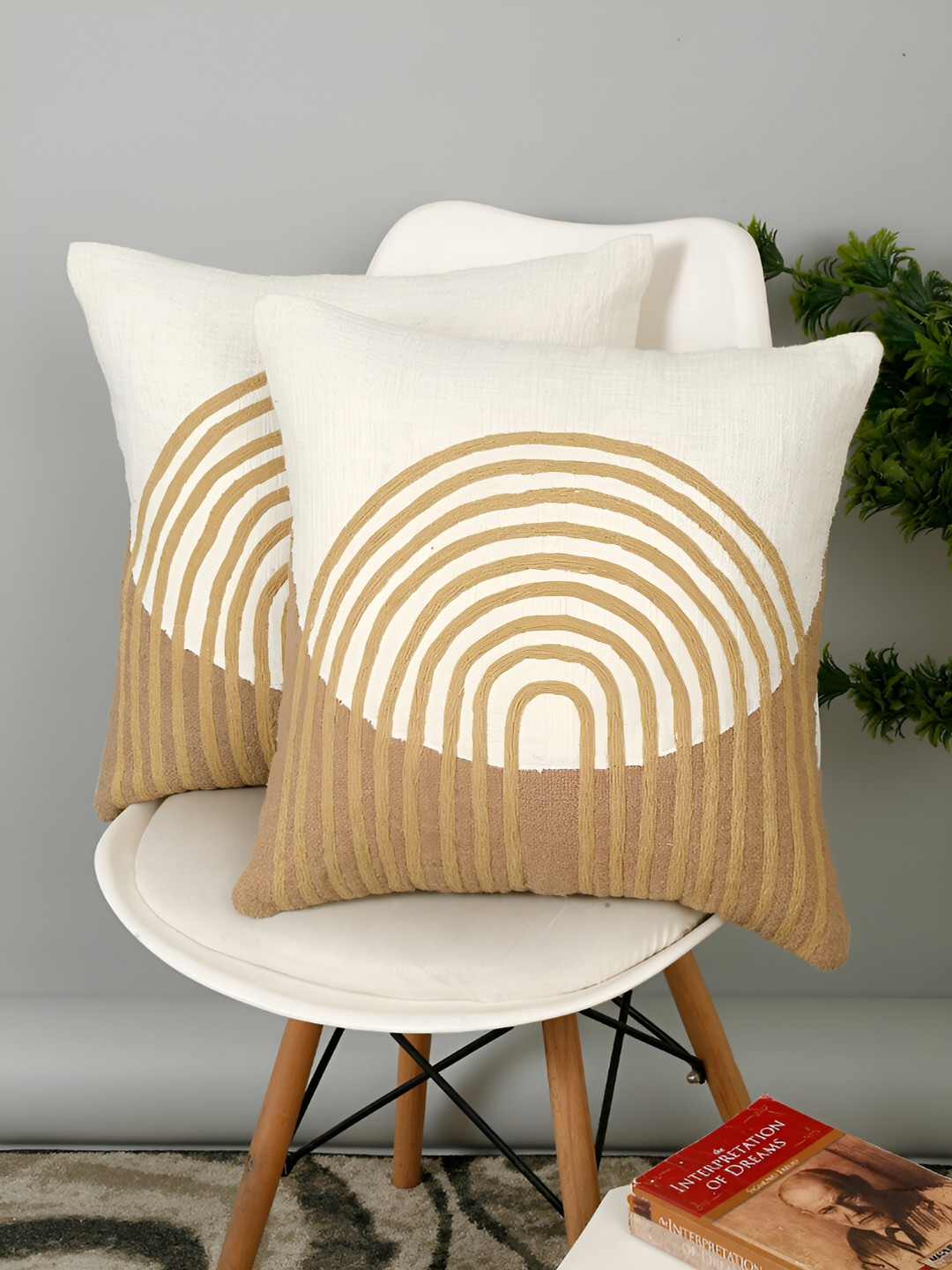 eyda White & Brown 2 Pieces Abstract Cotton Square Cushion Covers