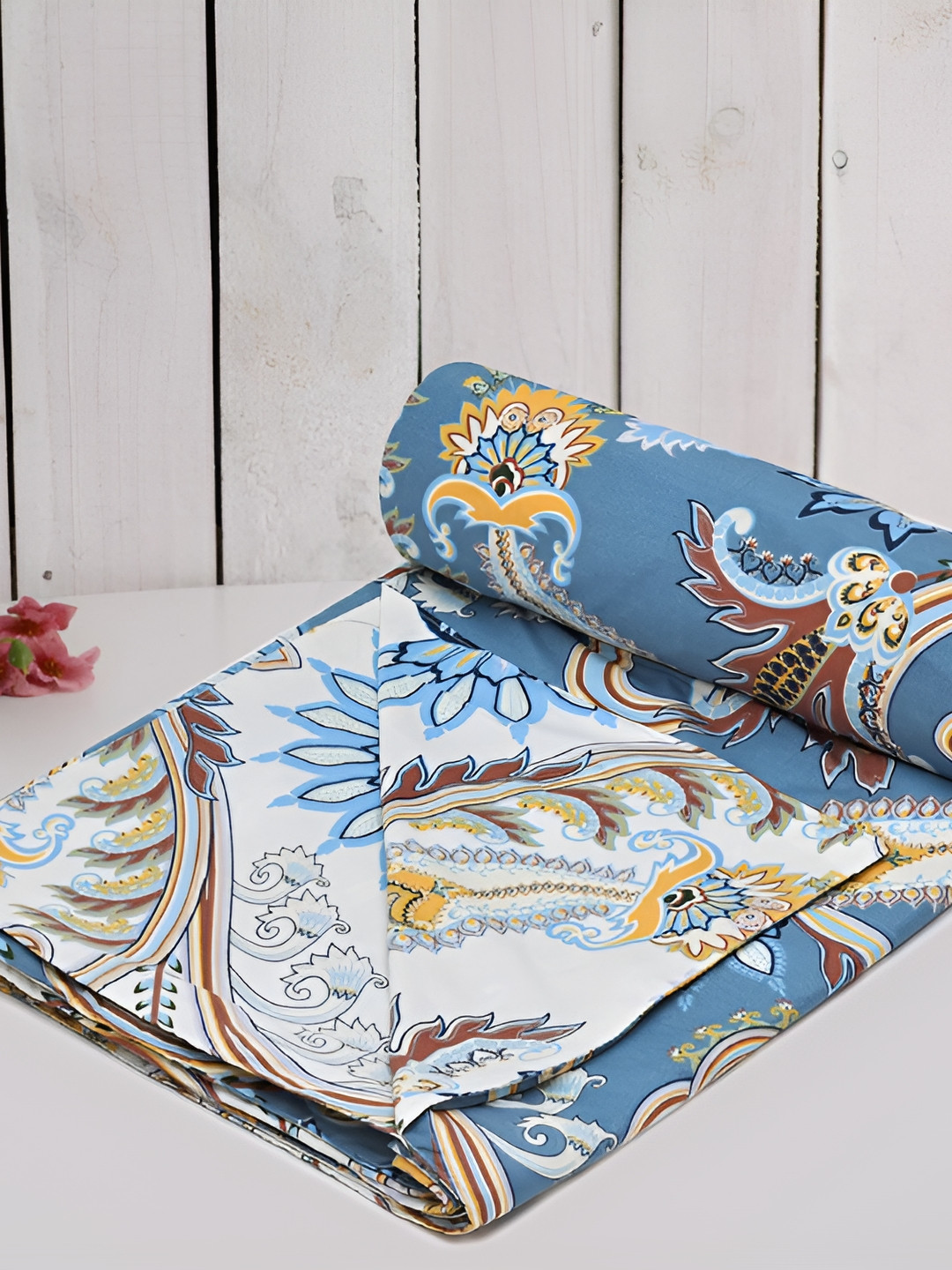 RRC Blue & Brown Printed Single Duvet Cover With Zipper & Ties