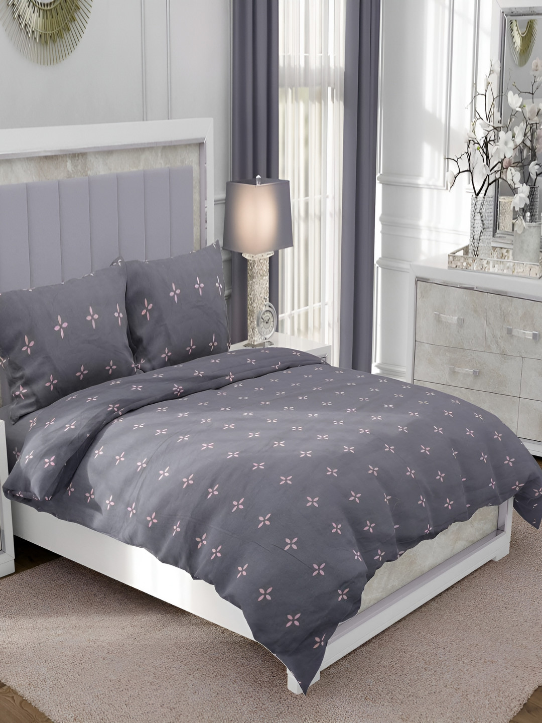 RRC Grey Printed Single Duvet Cover With Zipper & Ties