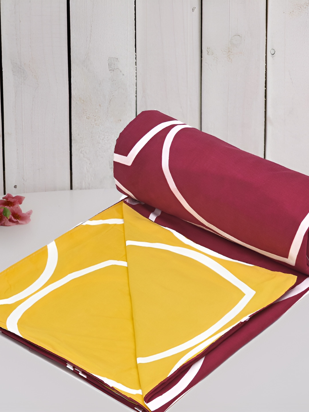 RRC Yellow & Maroon Geometric Printed Single Duvet Cover With Zipper & Ties